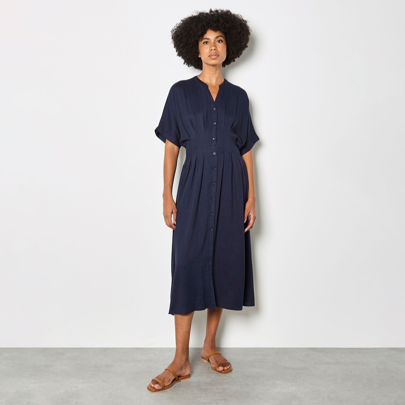 Apricot Linen Mix Pleated Waist Midi Shirt Dress