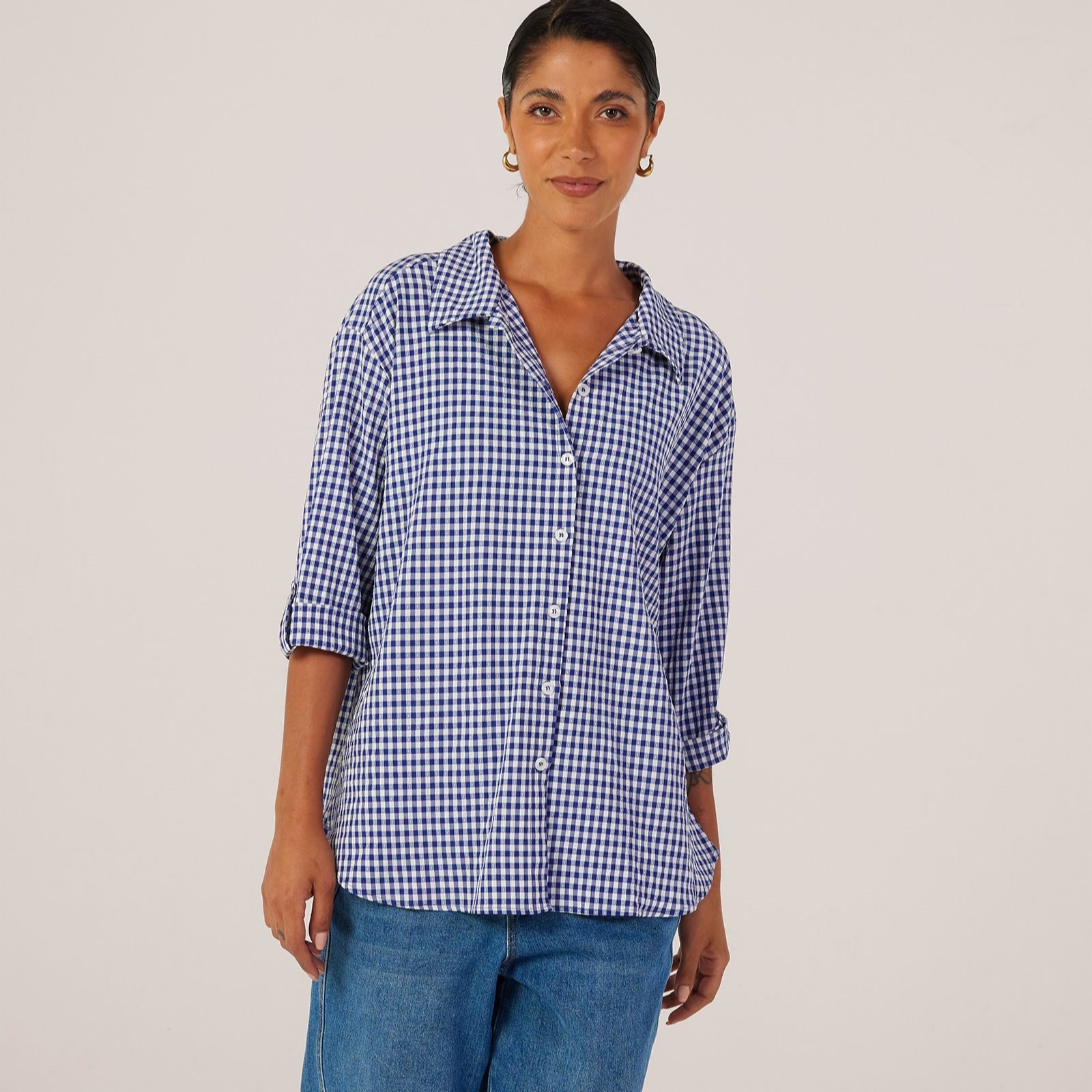 Kim & Co Gingham Dobby 3/4 Sleeve with Roll Up Shirt