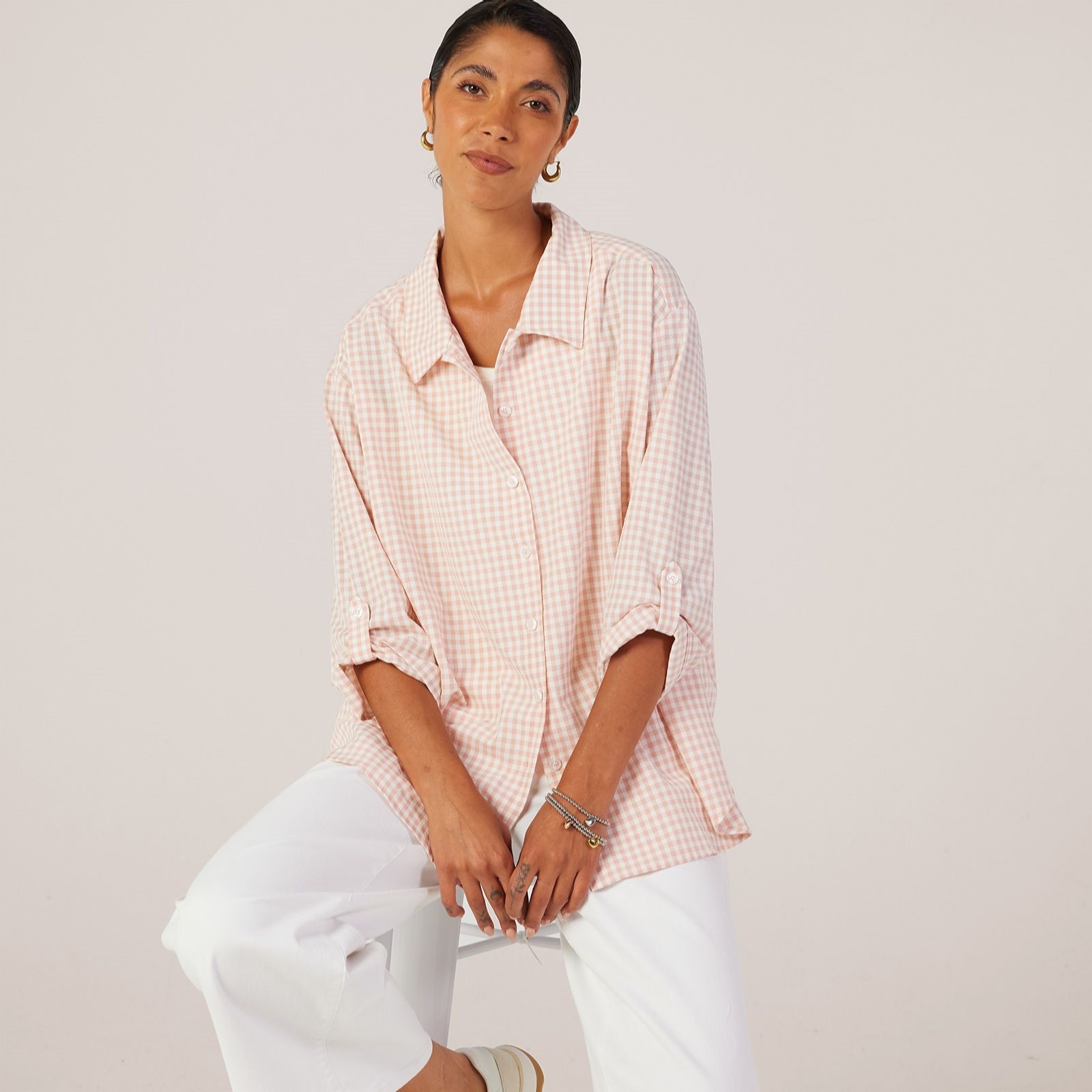 Kim & Co Gingham Dobby 3/4 Sleeve with Roll Up Shirt