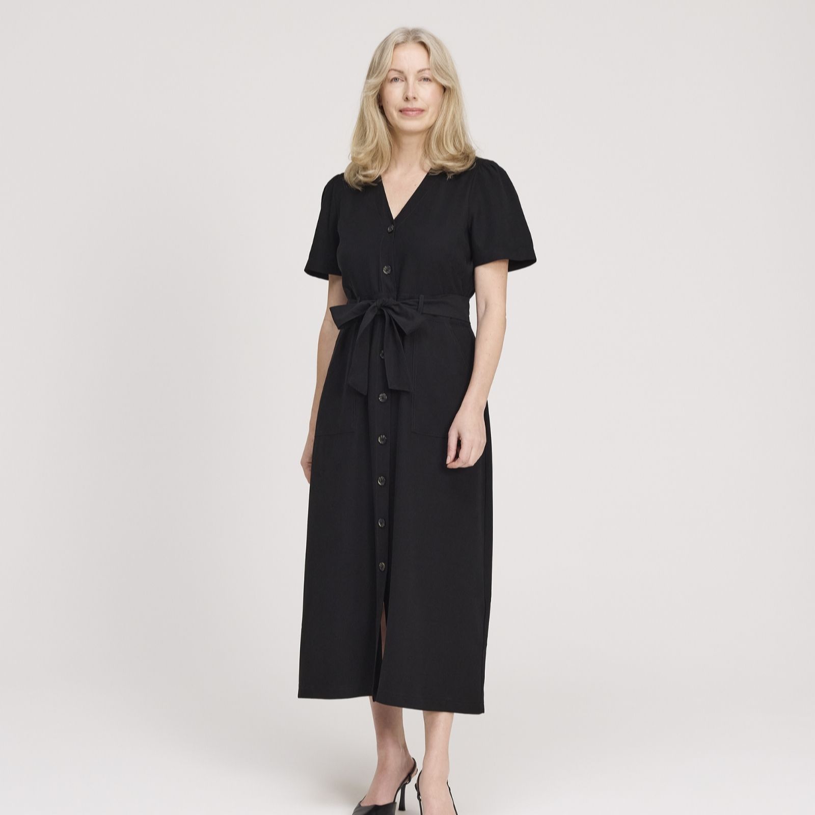 Finery London Pricilla Cupro Button Through V Neck Dress Petite