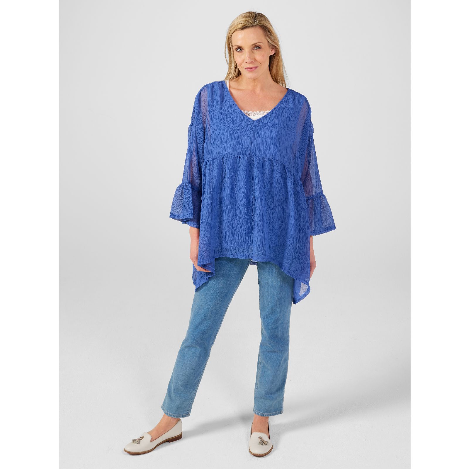 Frank Usher V-Neck Woven Crinkle Top - QVC UK