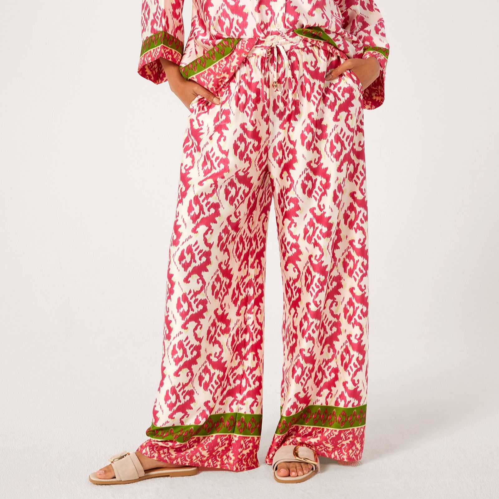 Malissa J Printed Woven Border Trouser Wide Leg Elastic Waist