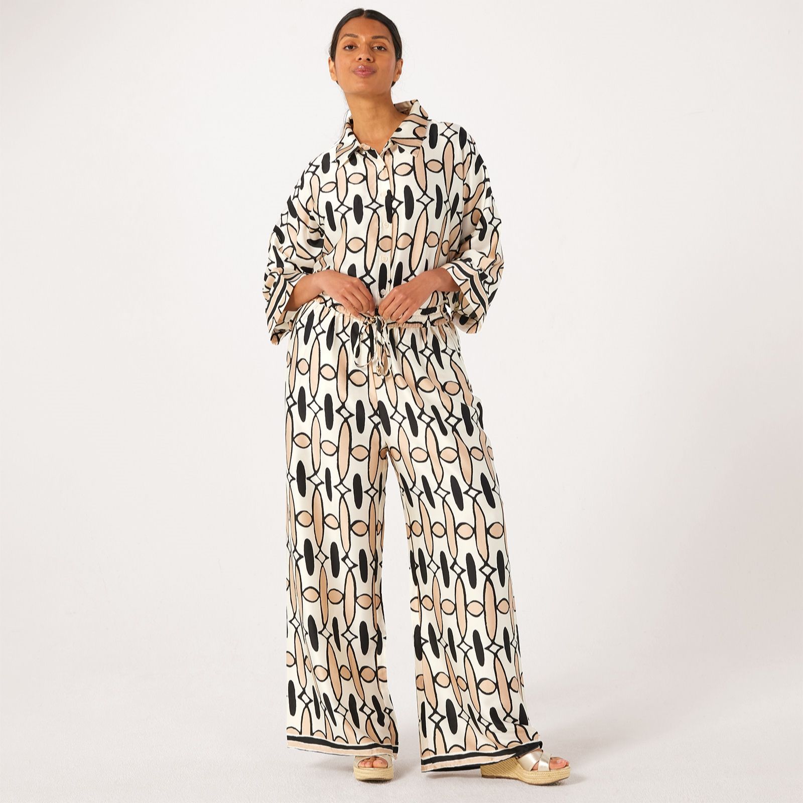 Malissa J Printed Woven Border Trouser Wide Leg Elastic Waist