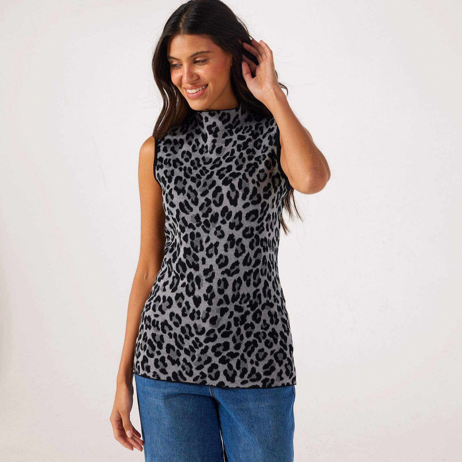 Nina Leonard Mock Neck Jacquard Sleeveless Knit Jumper