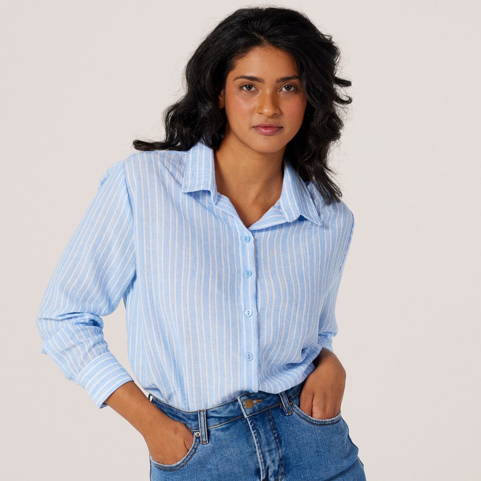 Kim & Co Striped Button Down Long Sleeve Shirt