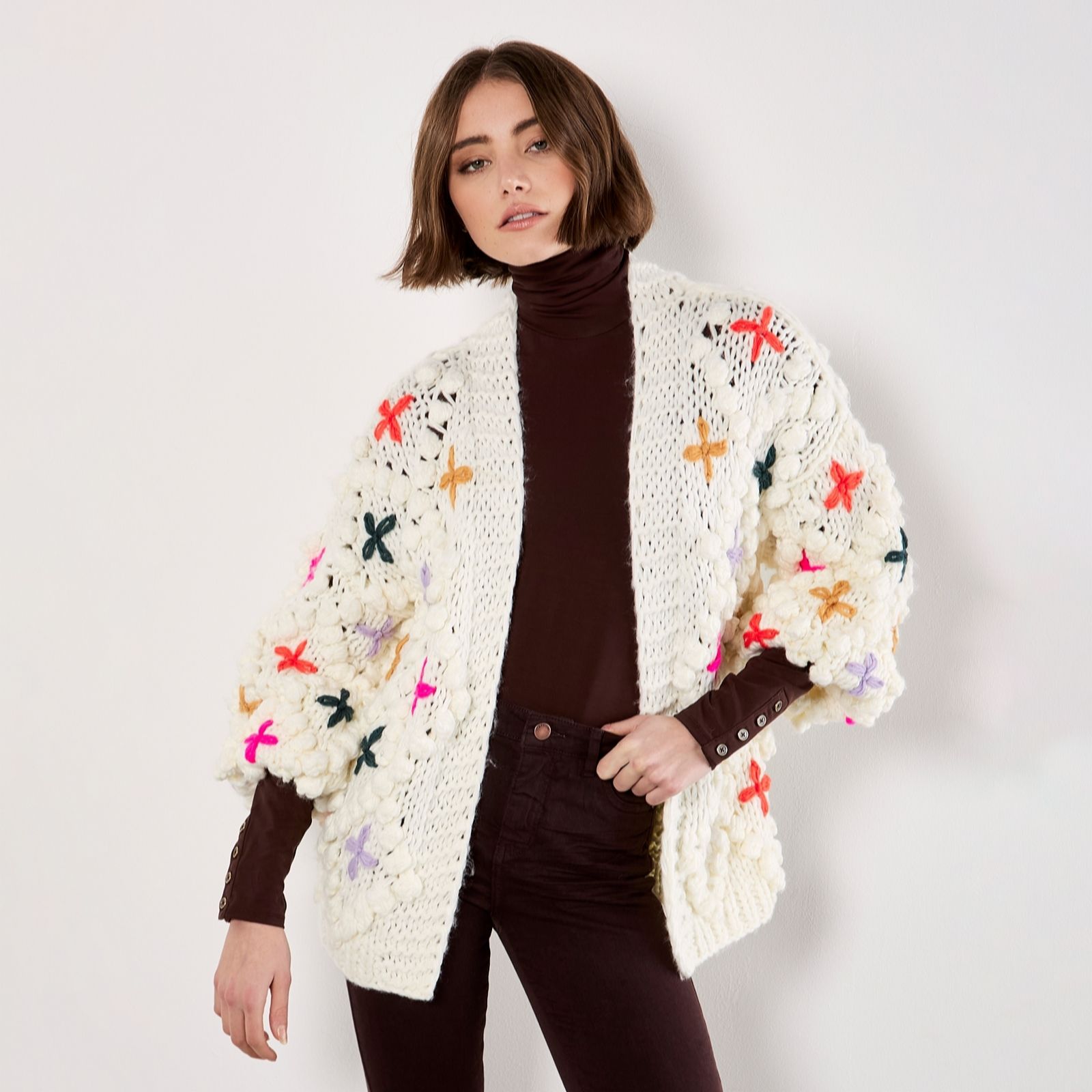 Apricot Multicolour Flower 3D Knit Cardigan