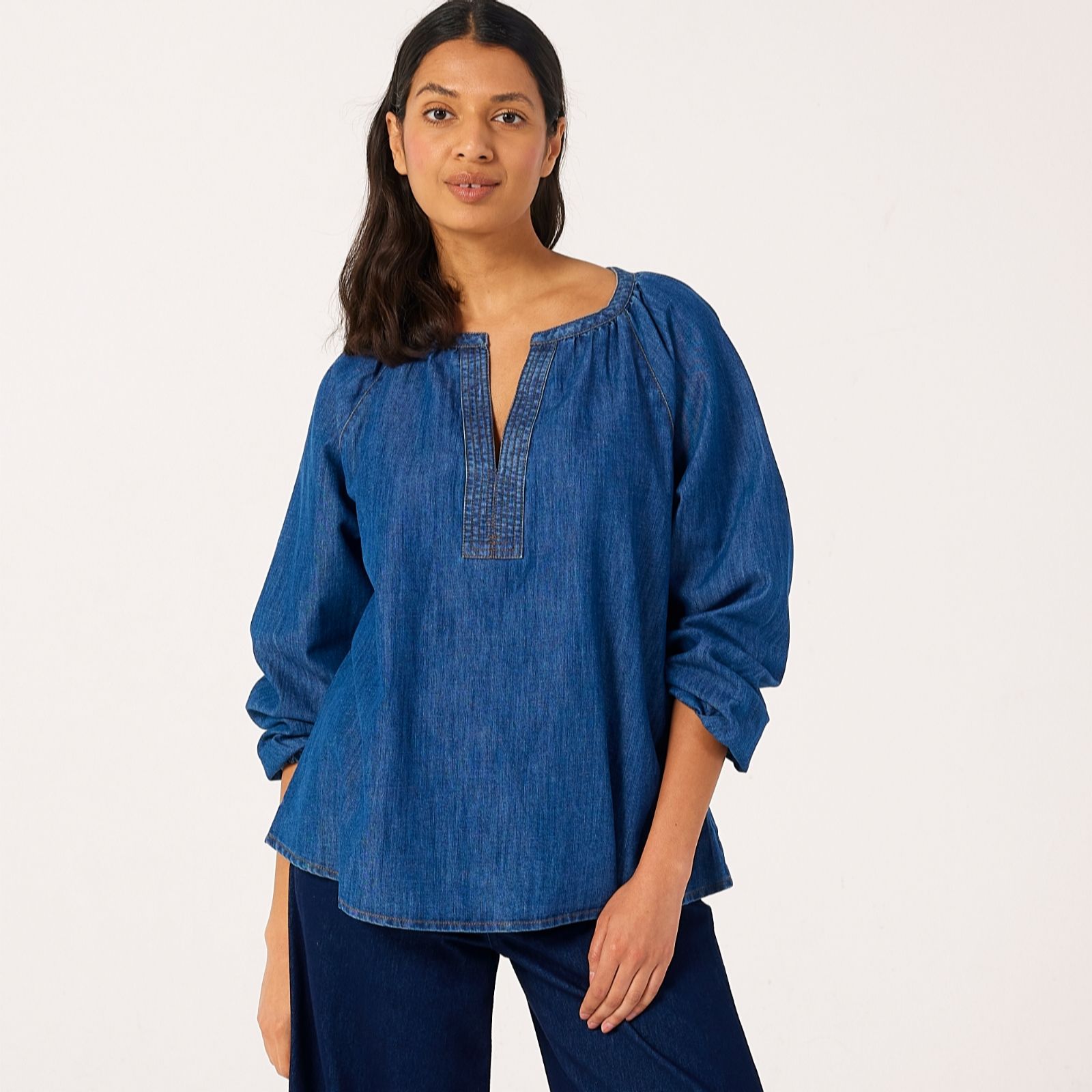 Denim & Co. Denim Stitch Detail Blouse