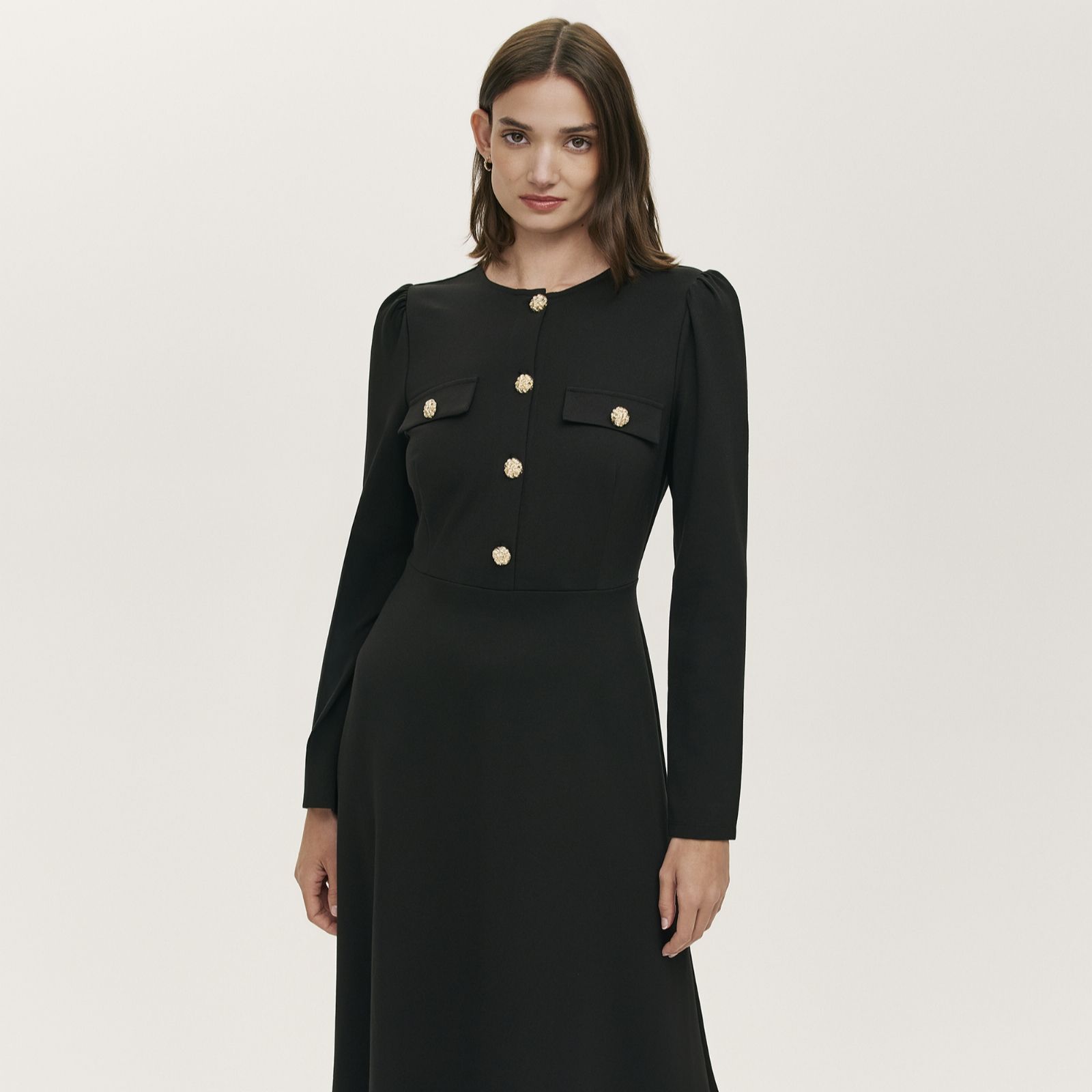 Finery London Gilly Ponte Dress with Gold Buttons Petite