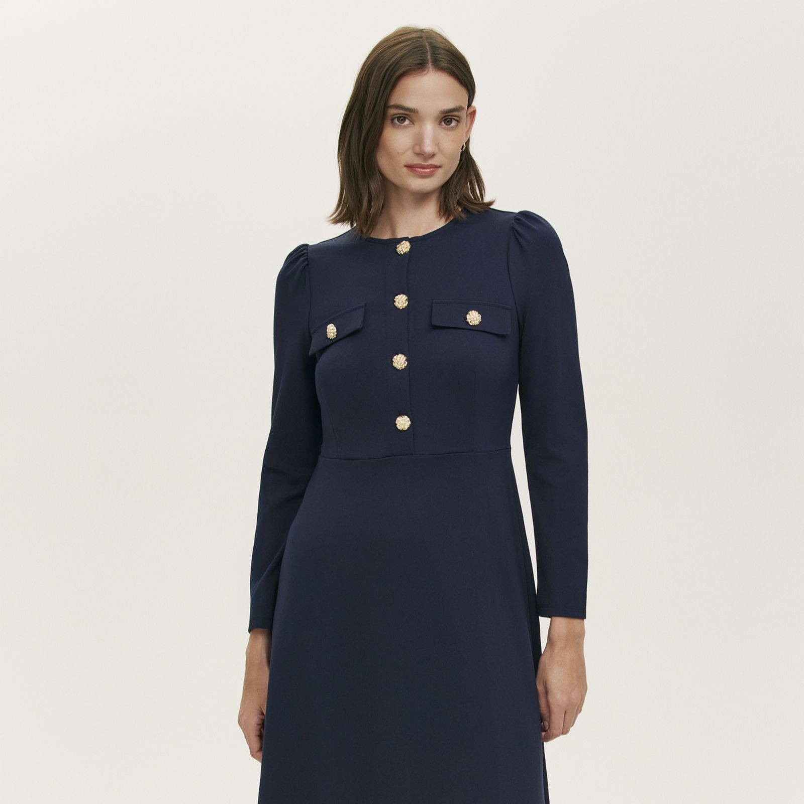 Finery London Gilly Ponte Dress with Gold Buttons Petite