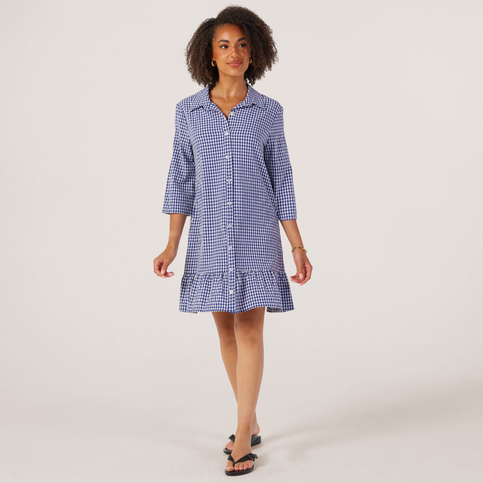 Kim & Co Gingham Dobby 3/4 Sleeve Shirt Dress