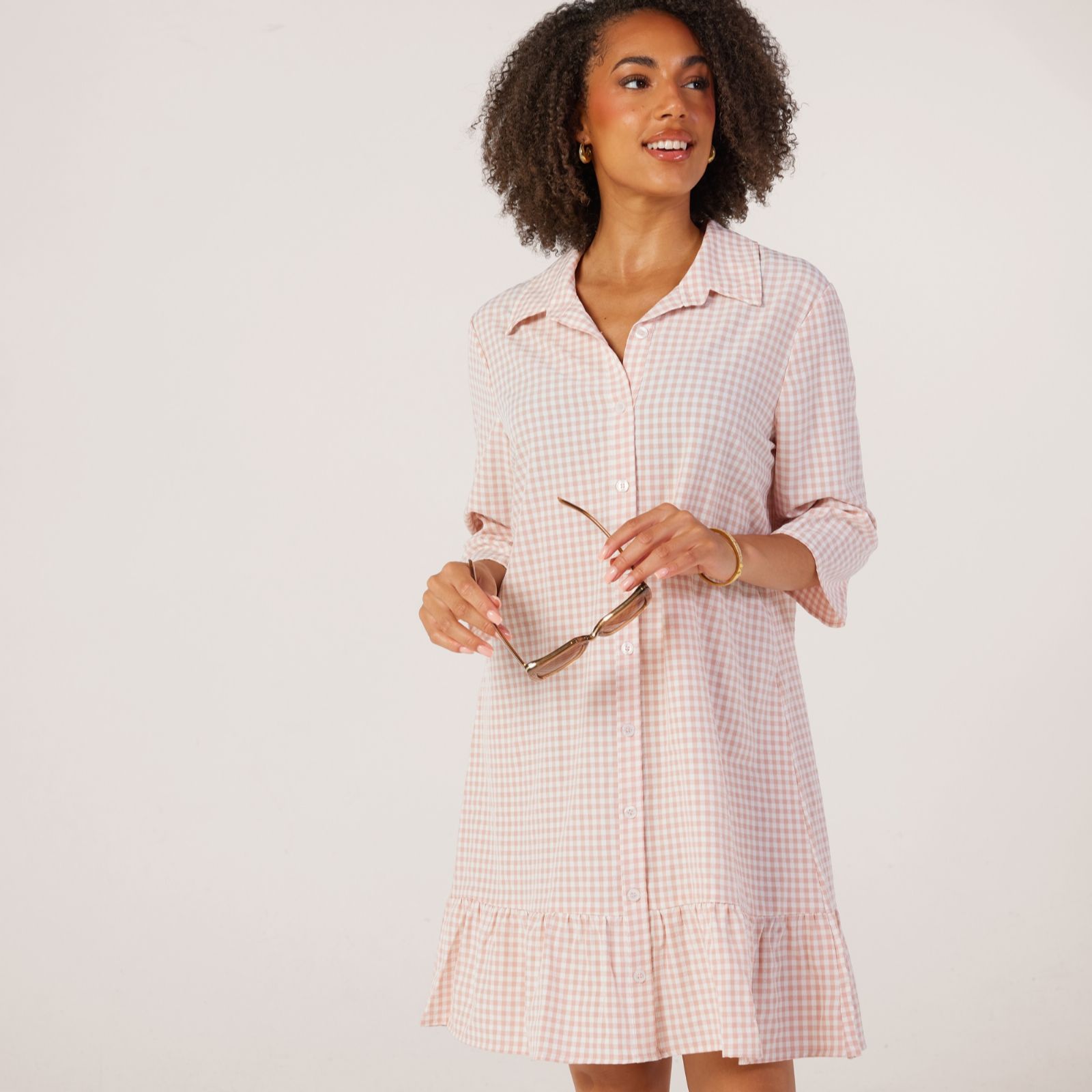 Kim & Co Gingham Dobby 3/4 Sleeve Shirt Dress