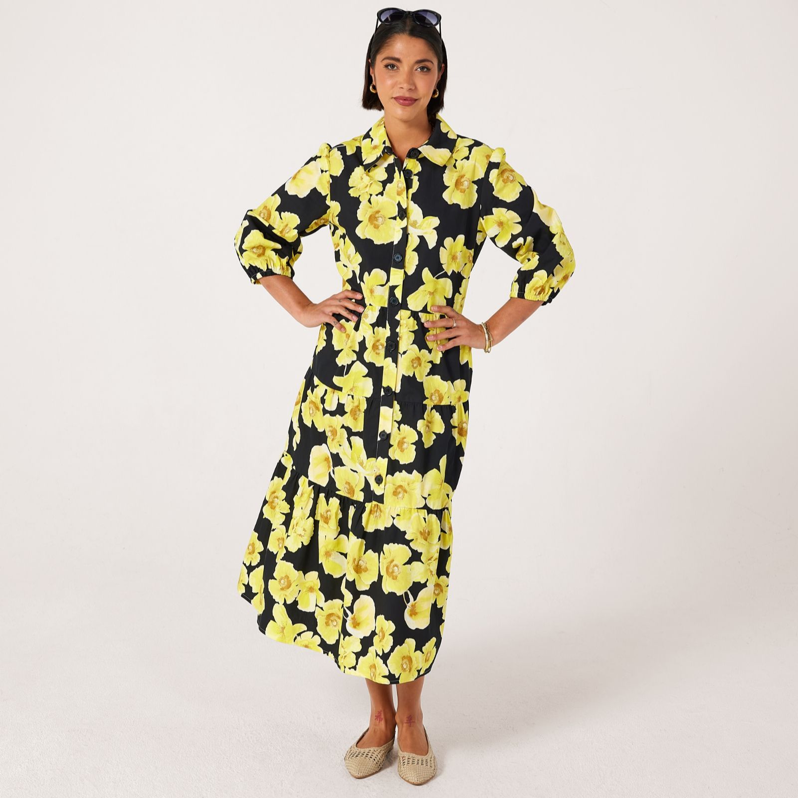 Helene Berman 100% Cotton Floral Print Tiered Maxi Dress with Stretch Waist