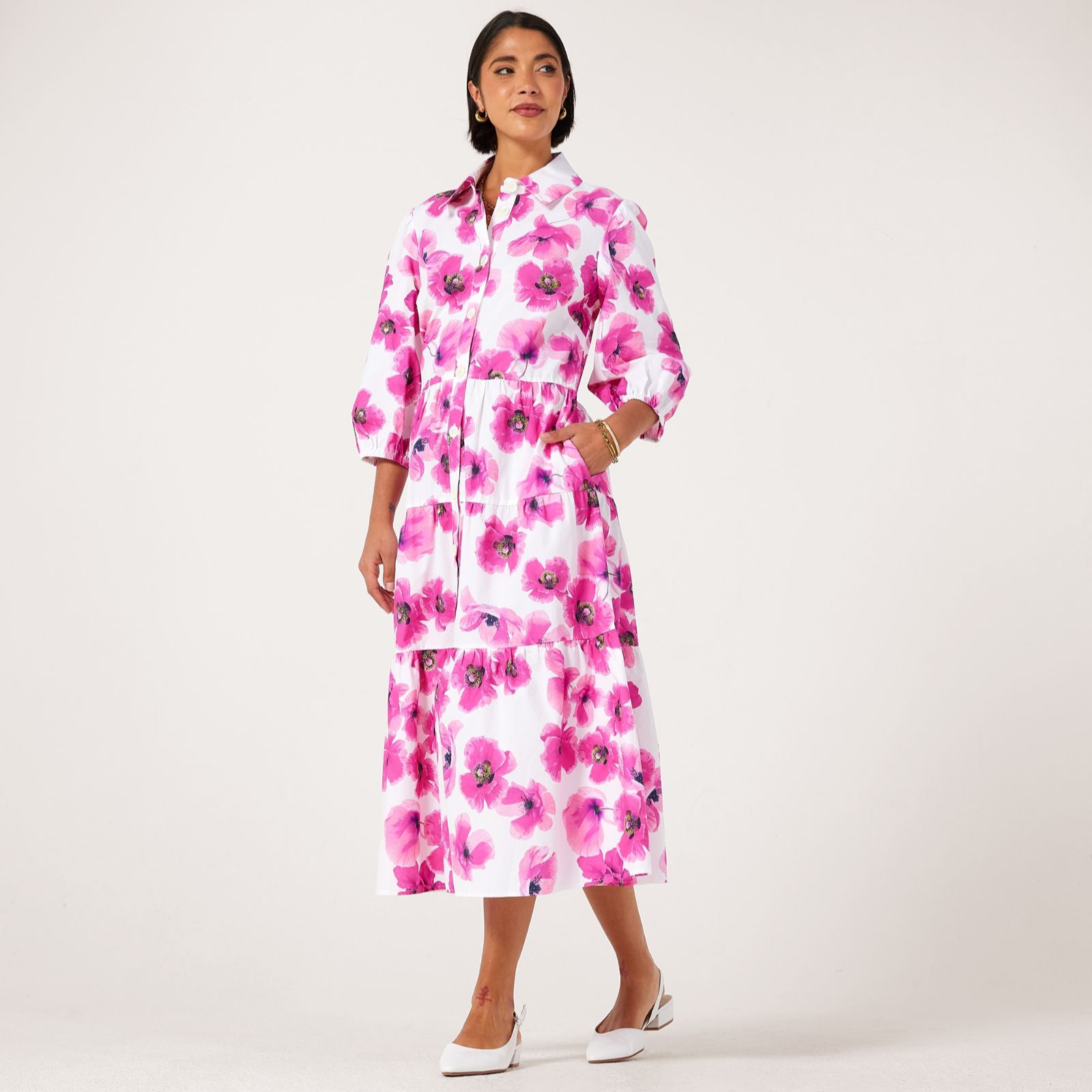 Helene Berman 100% Cotton Floral Print Tiered Maxi Dress with Stretch Waist