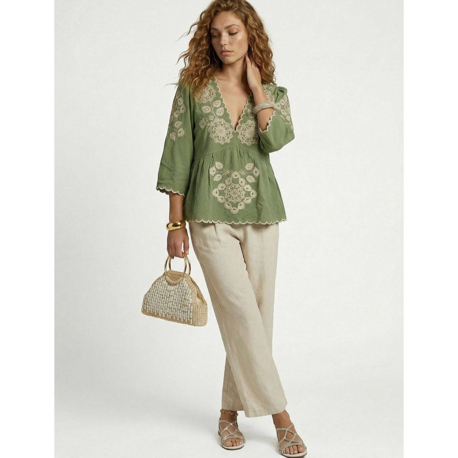 Raffya Aubrey V-Neck Linen Blend Embroidered Blouse