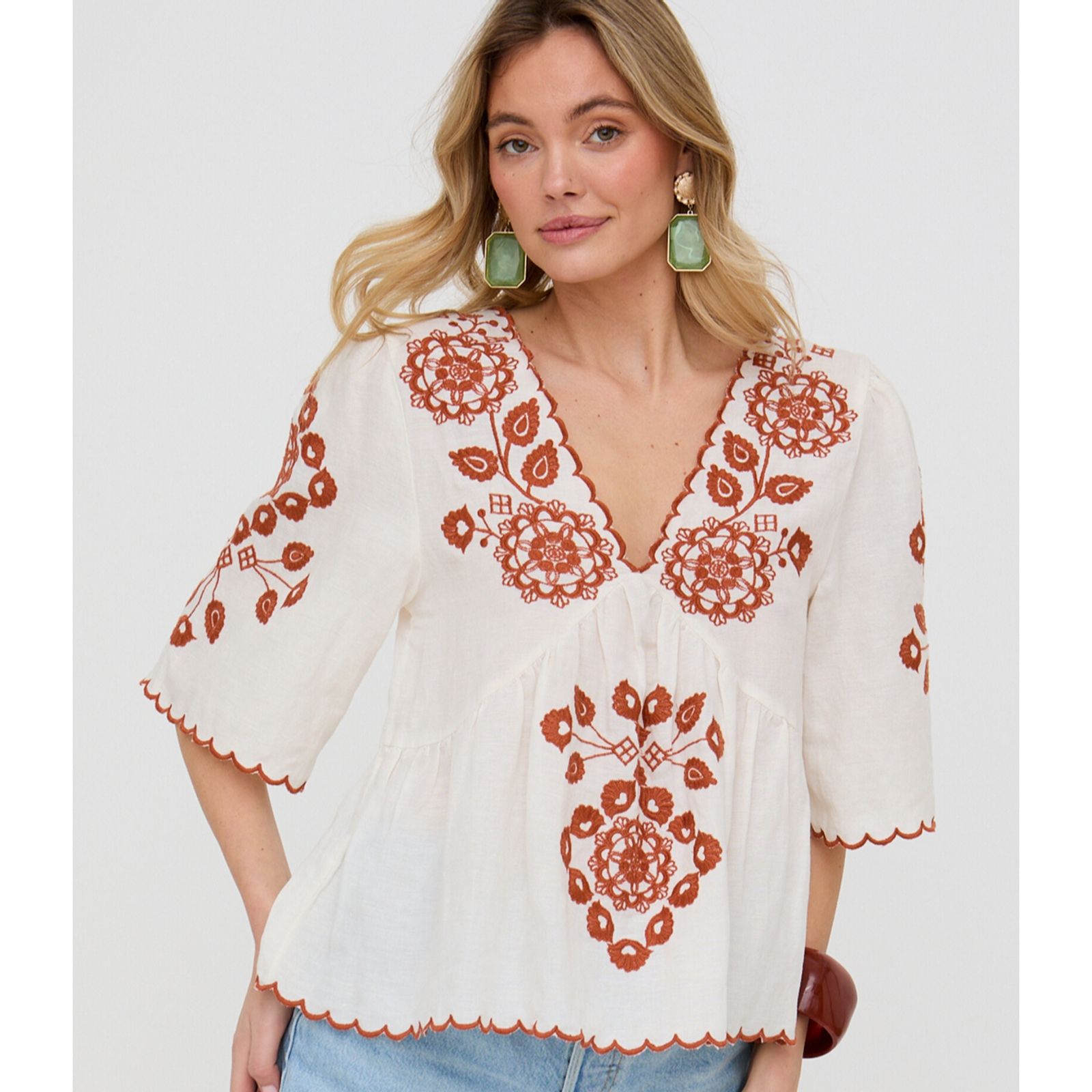 Raffya Aubrey V-Neck Linen Blend Embroidered Blouse