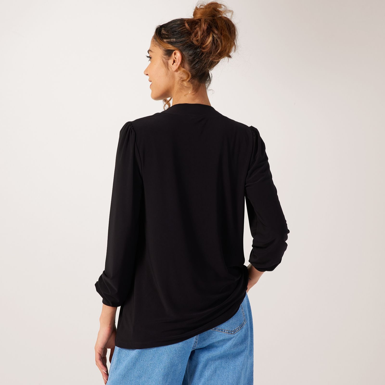 Kim & Co Foil Brazil jersey long blouson sleeve frilled neckline top