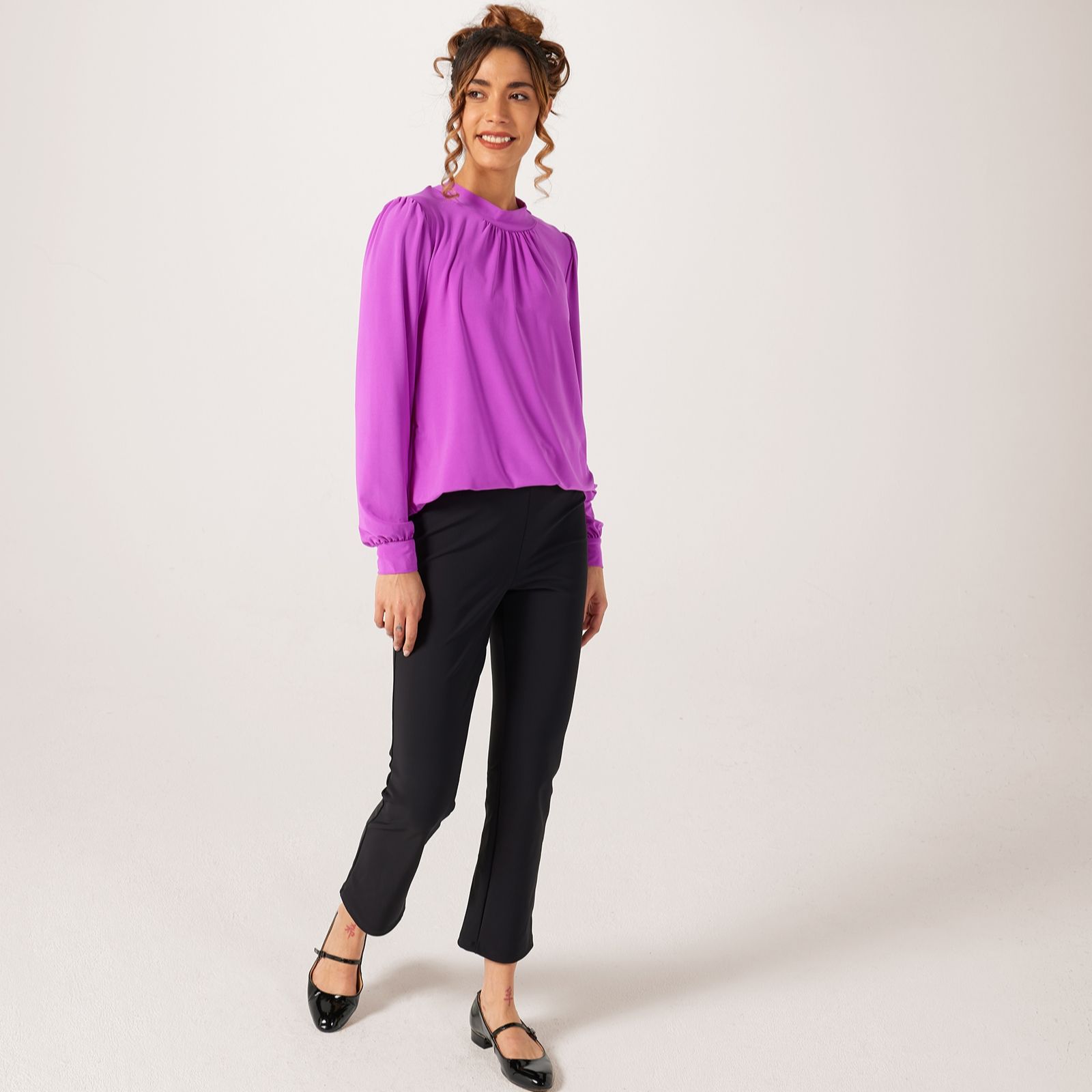 Kim & Co Foil Brazil jersey long blouson sleeve frilled neckline top main image 1