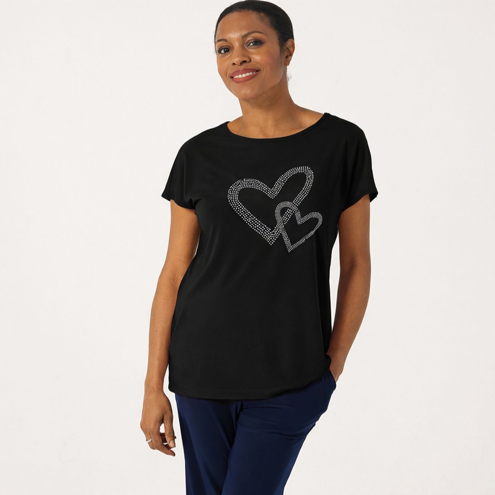 Kim & Co Deluxe Brazil Jersey Rhinestone Heart Print Short Sleeve Top