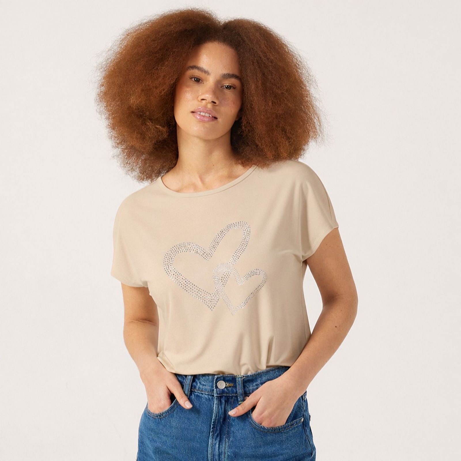 Kim & Co Deluxe Brazil Jersey Rhinestone Heart Print Short Sleeve Top