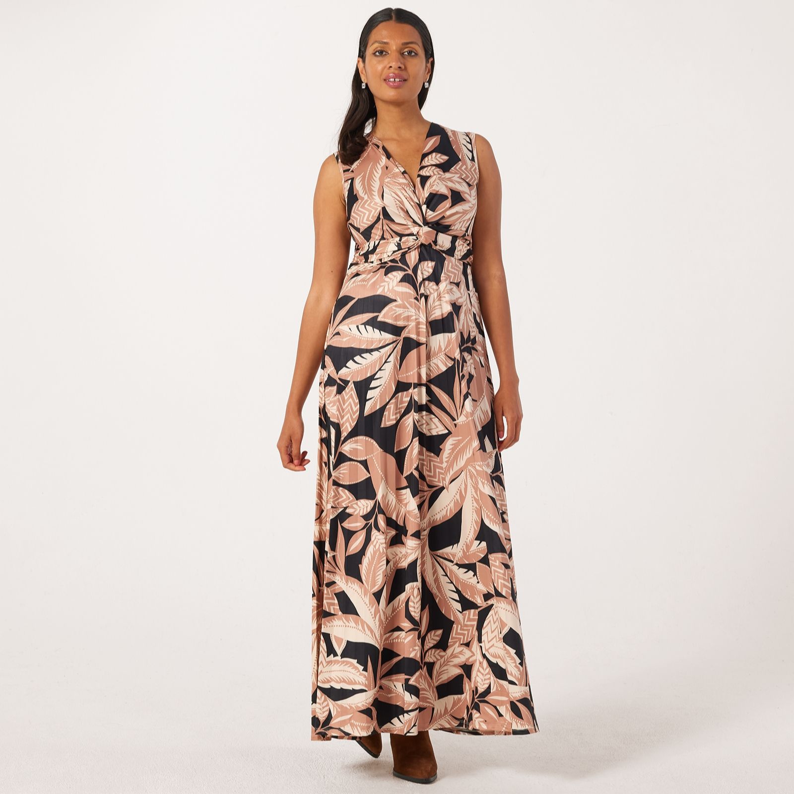 Nina Leonard V Neck Twist Waist Maxi Pleated Dress