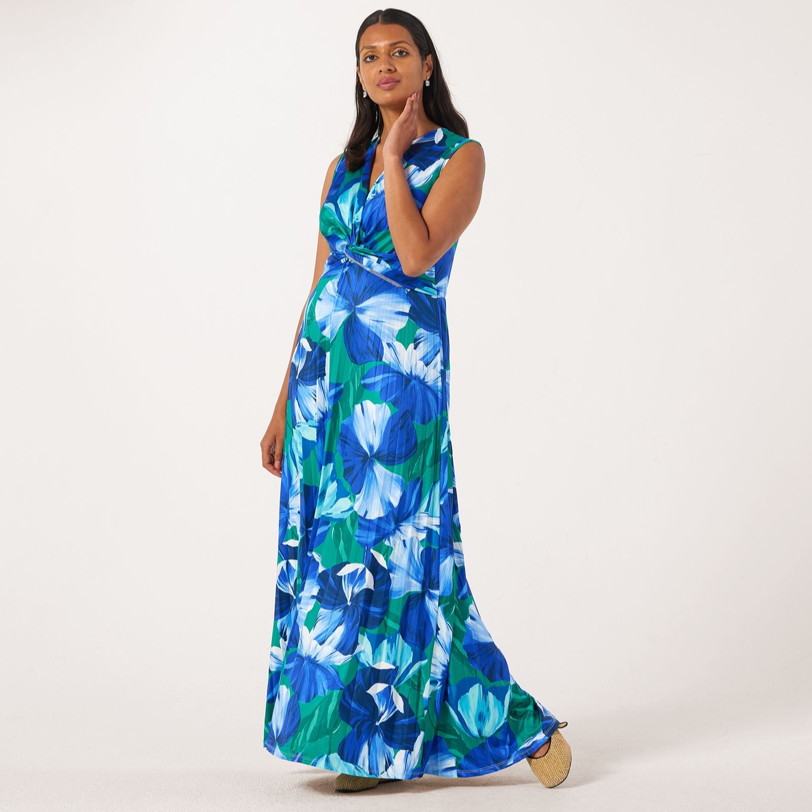 Nina Leonard V Neck Twist Waist Maxi Pleated Dress