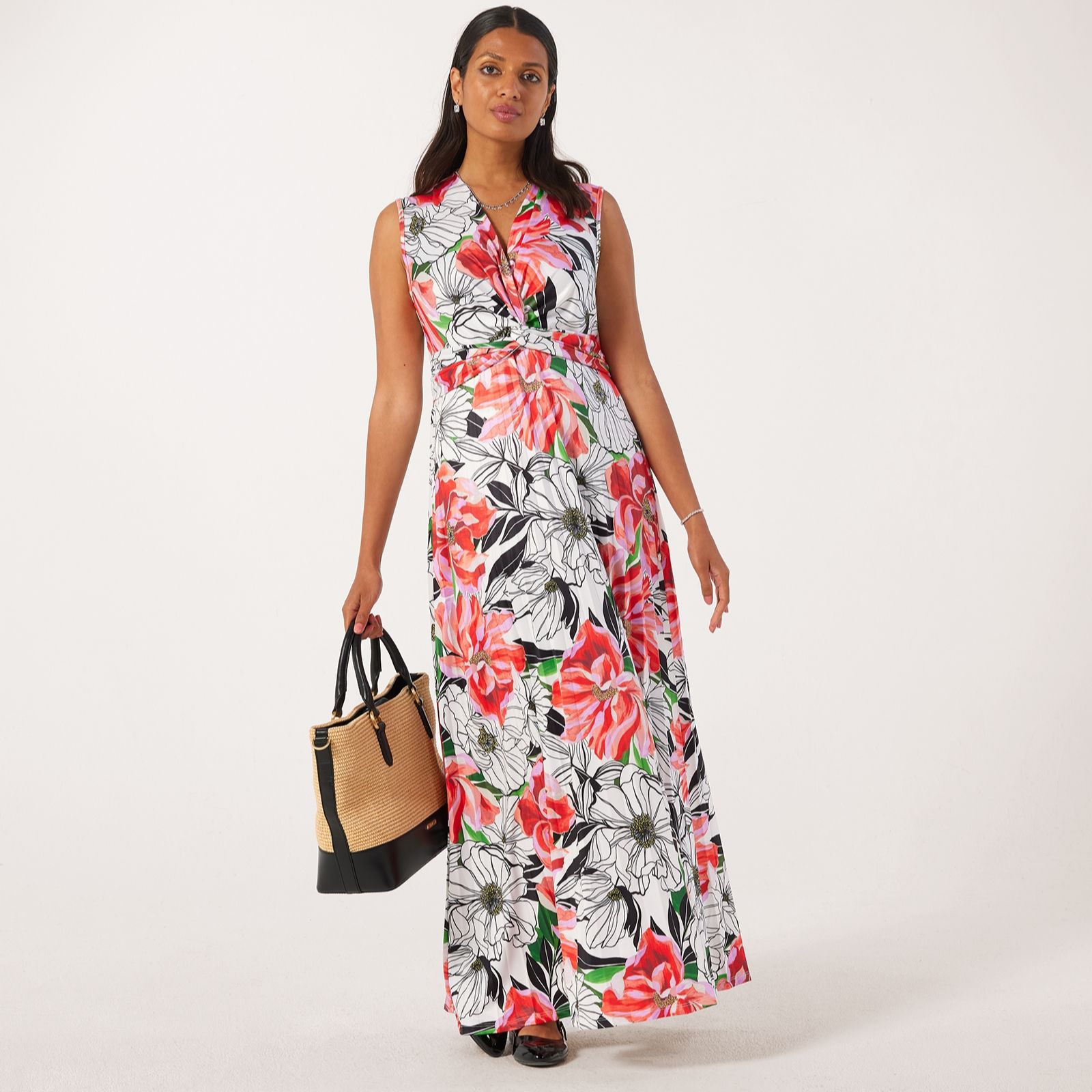 Nina Leonard V Neck Twist Waist Maxi Pleated Dress