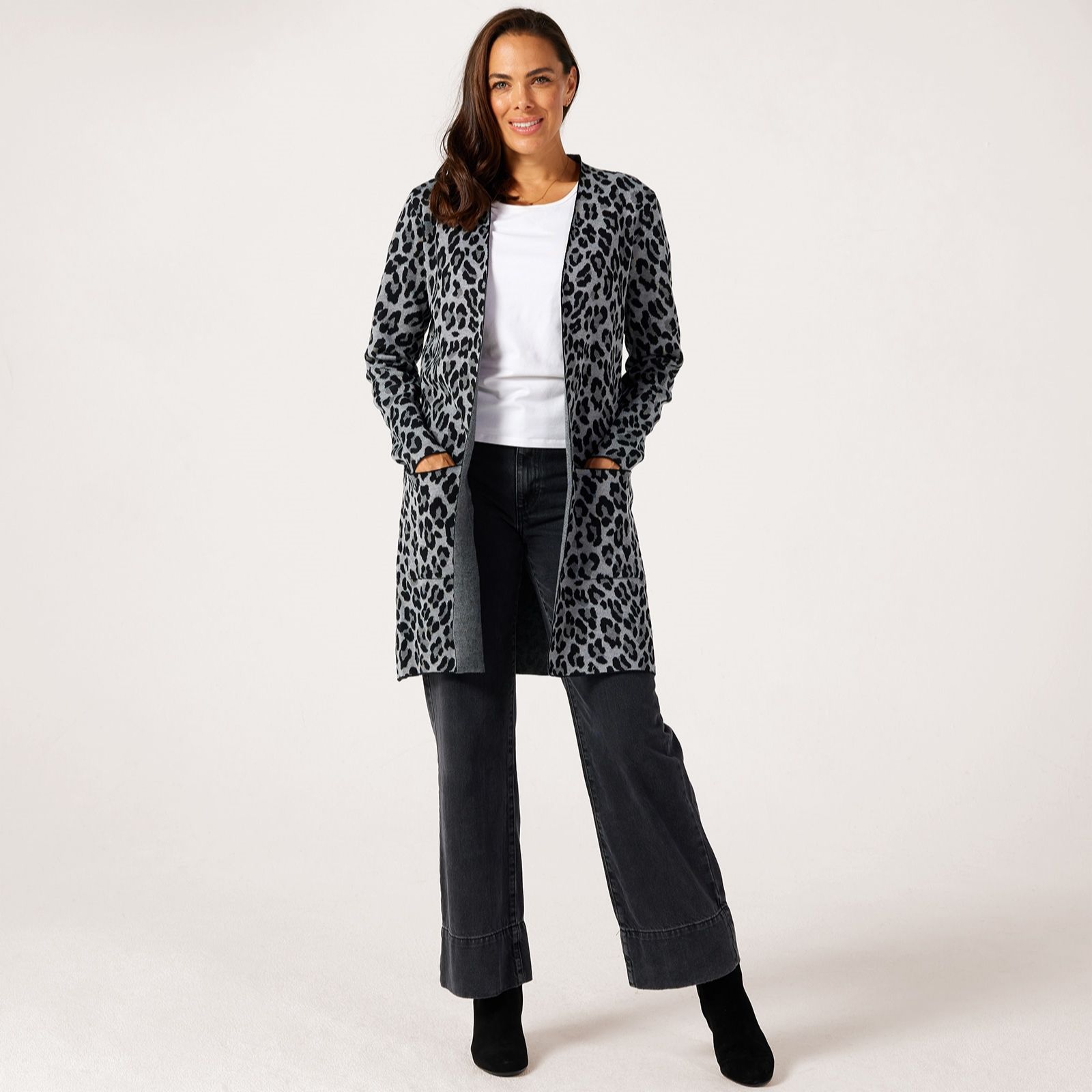 Nina Leonard Mock Neck Jacquard Sleeveless Knit Long Cardigan