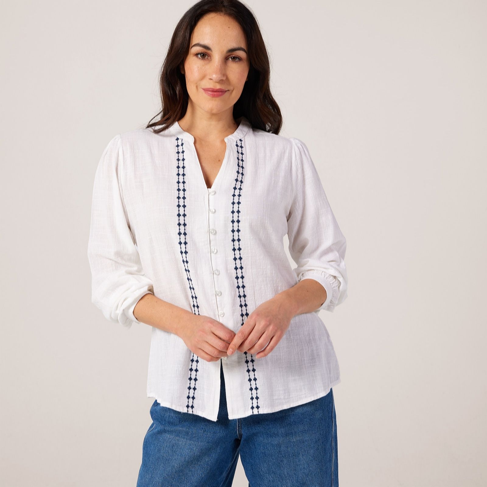 Denim & Co. Button Through Blouse With Embroidery Detail