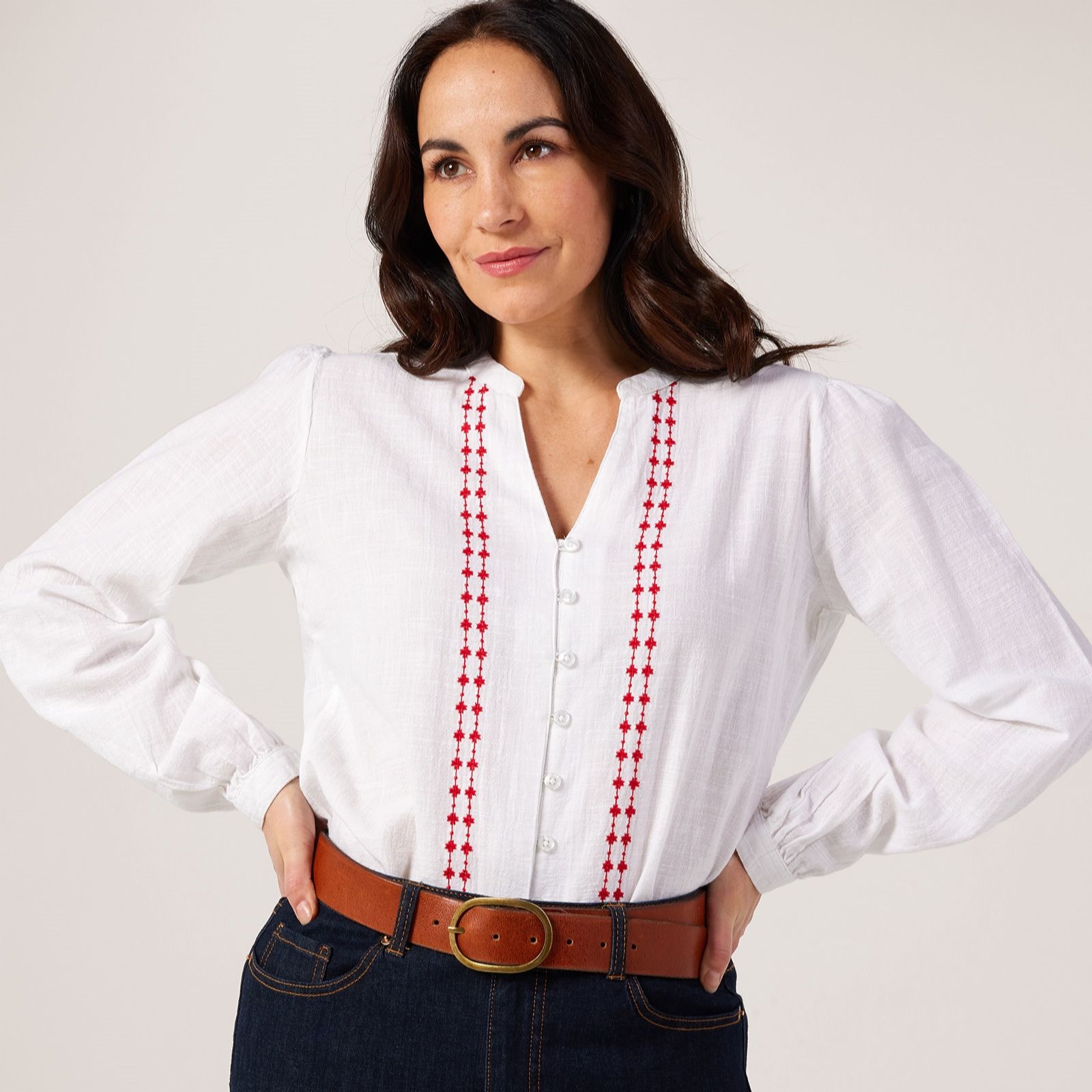 Denim & Co. Button Through Blouse With Embroidery Detail