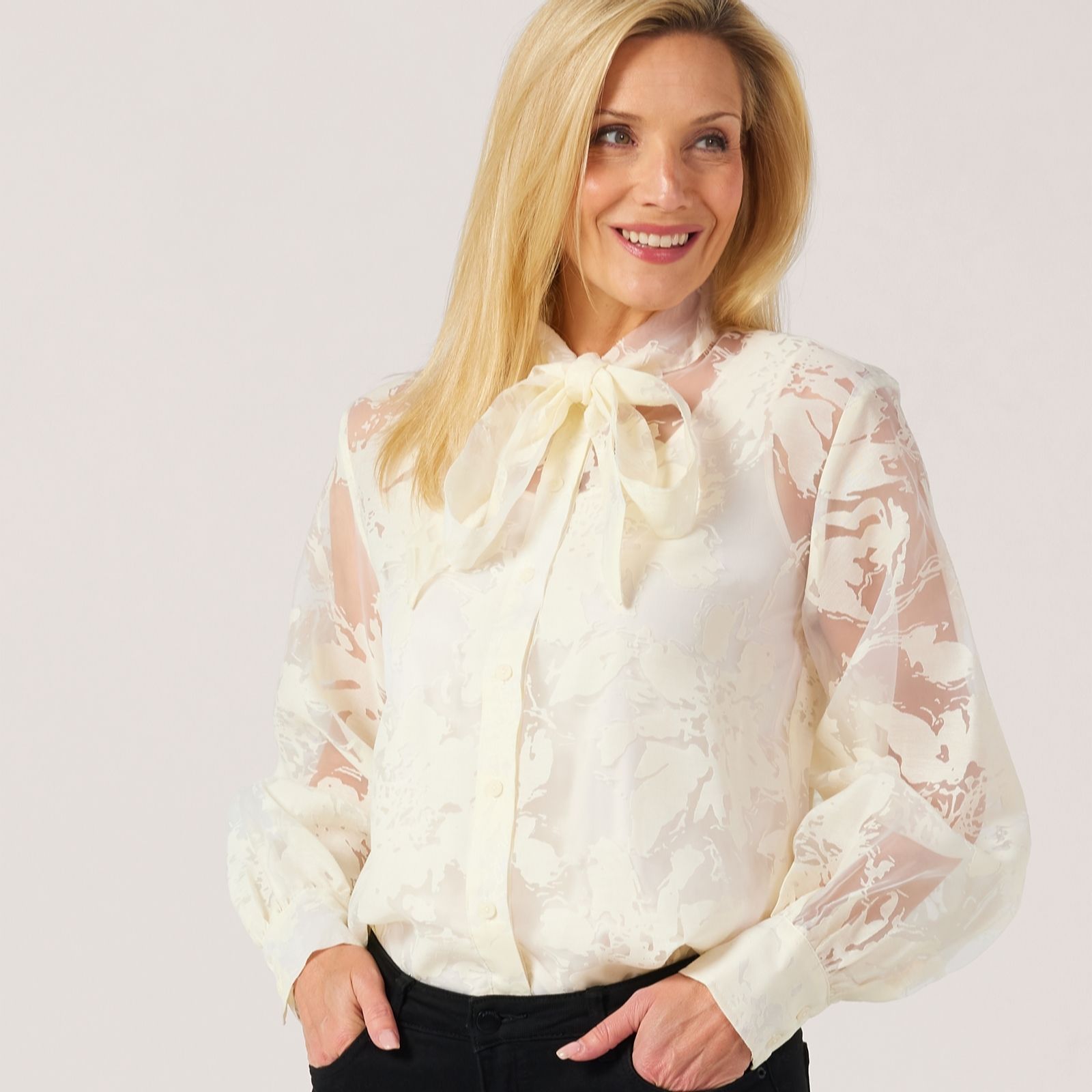 MarlaWynne Collection Embellished Chiffon Bow-Lined Blouse