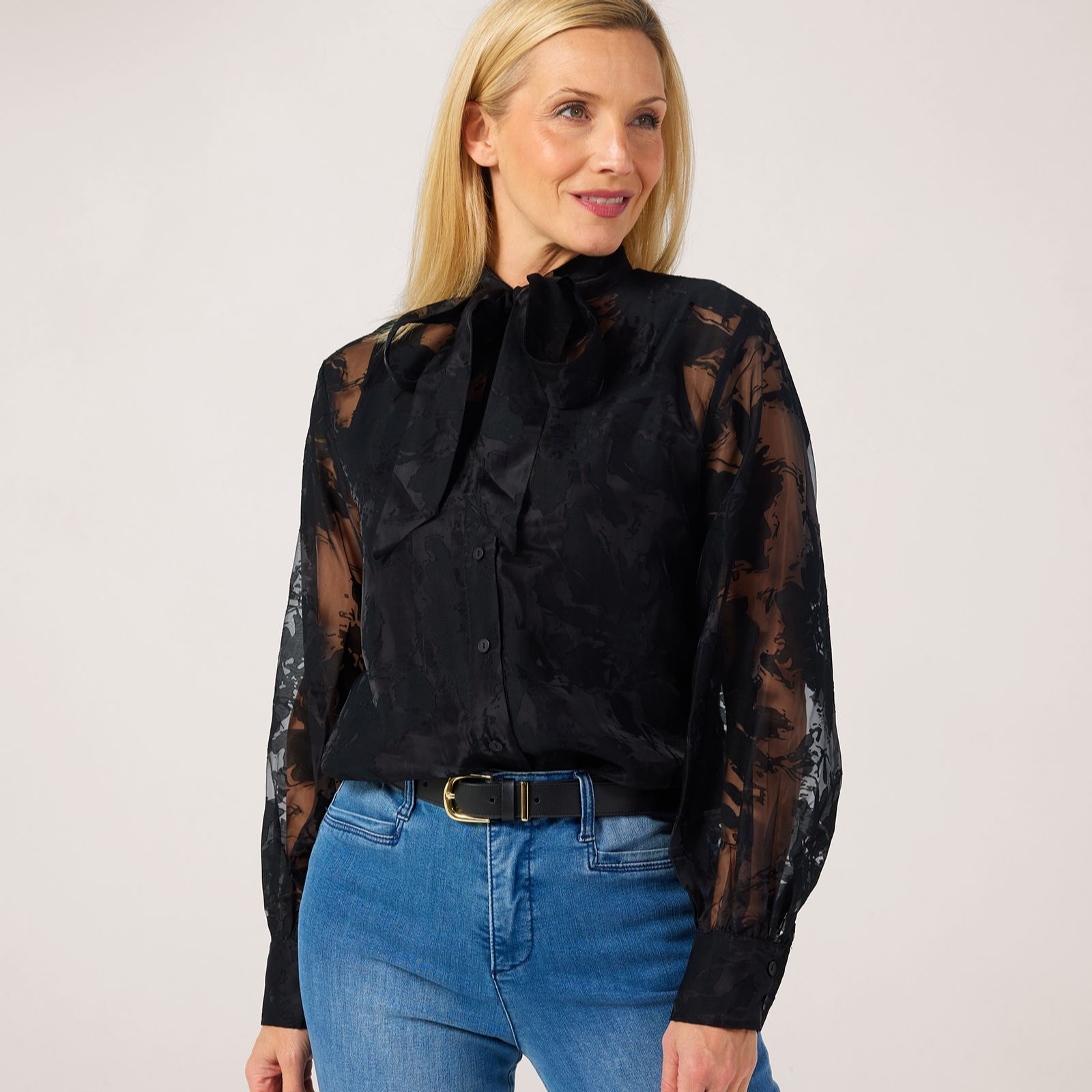 MarlaWynne Collection Embellished Chiffon Bow-Lined Blouse