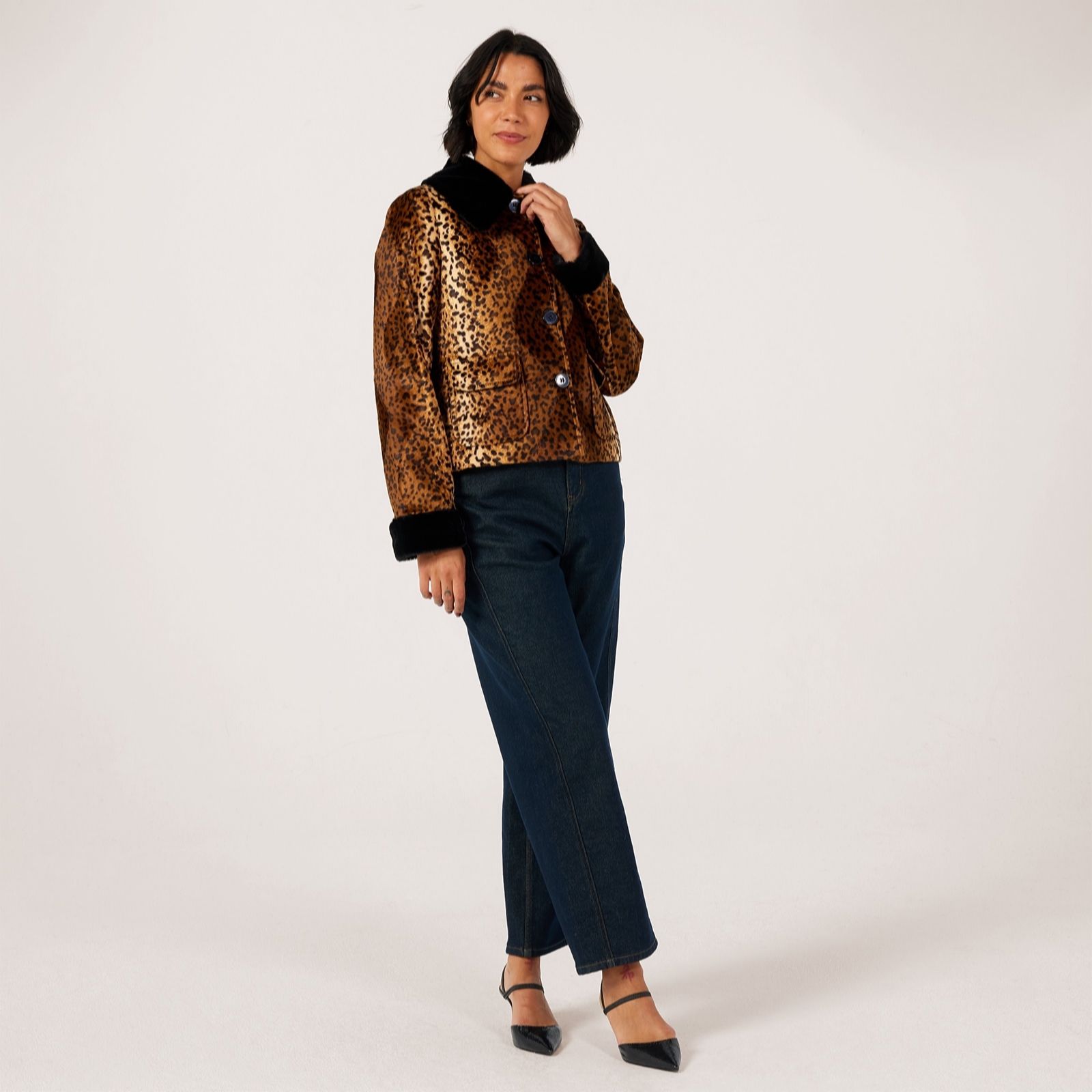 Helene Berman Short Faux Fur Jacket with Contrast Collar and Cuff