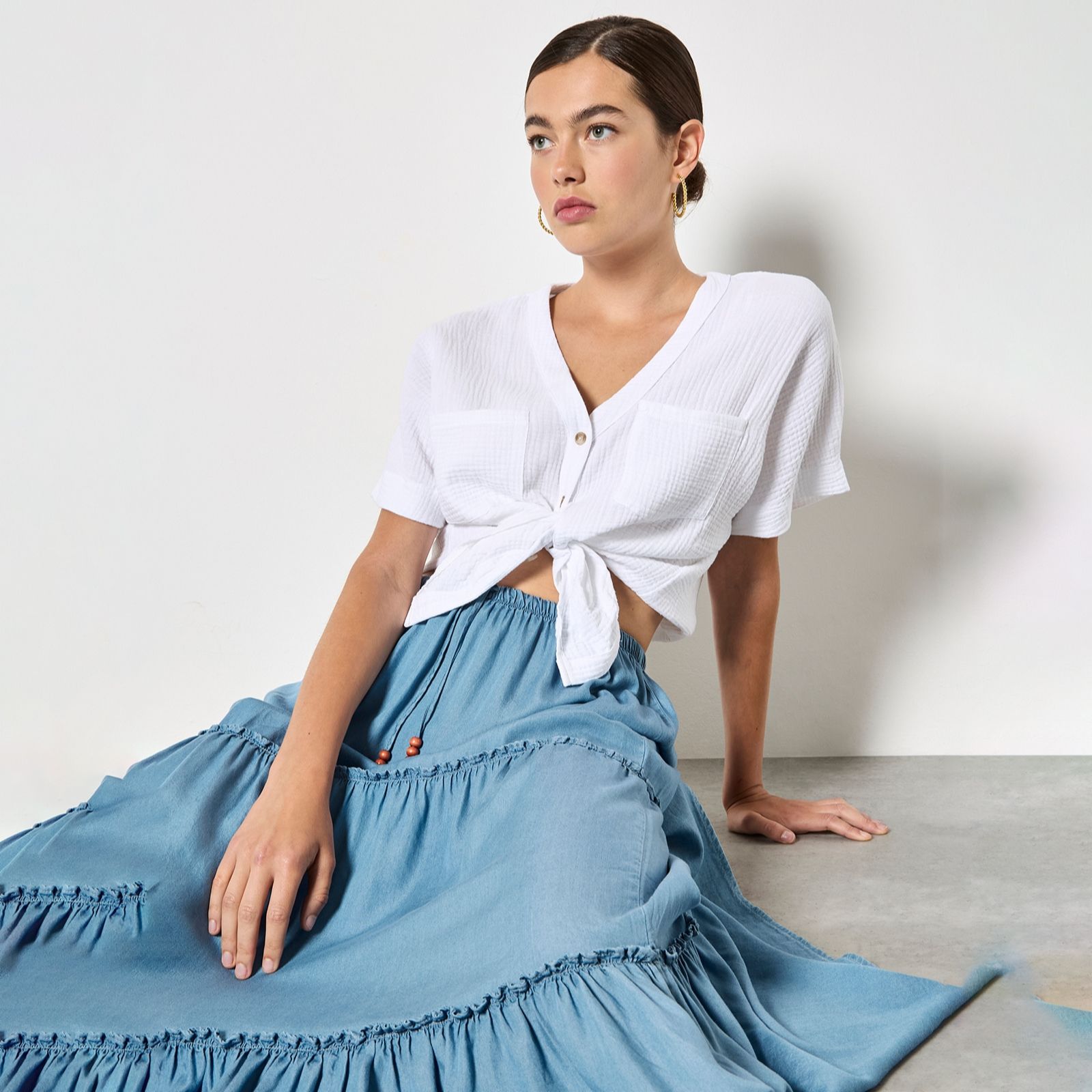 Apricot Tiered Denim Skirt