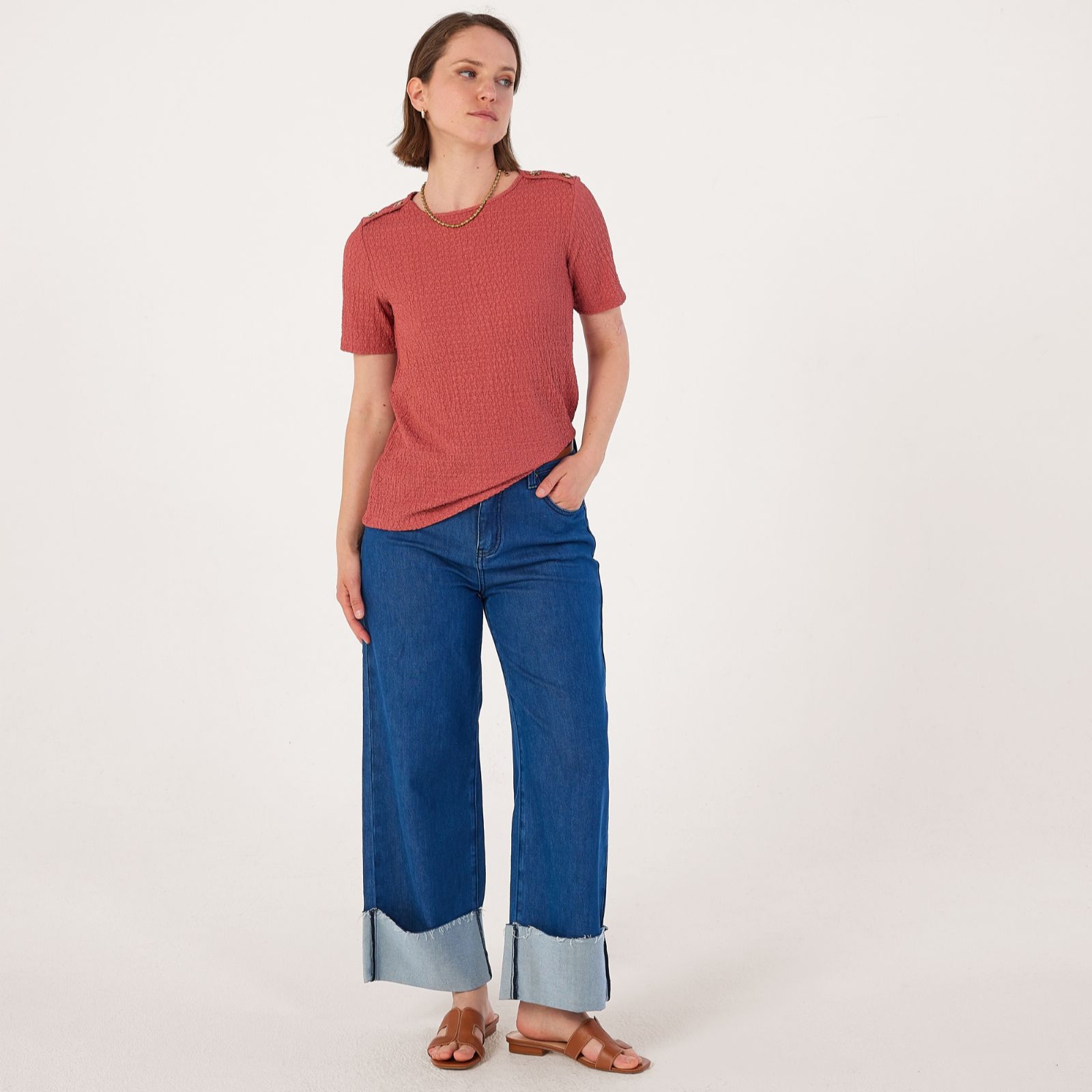 Kim & Co Mini Pop Knit Short Sleeve Top with Button Detail