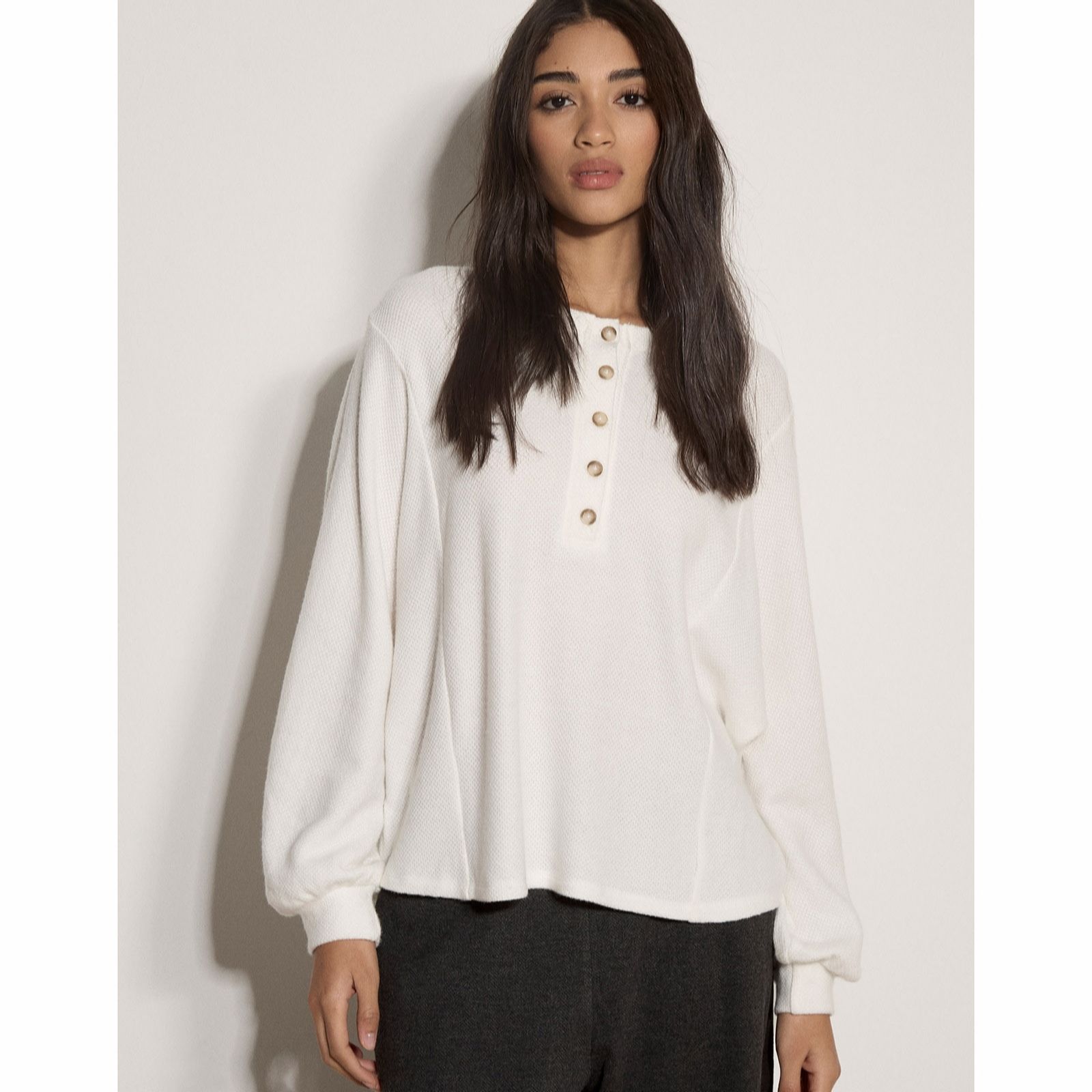 Apricot Button Front Blouson Sleeve Soft Top