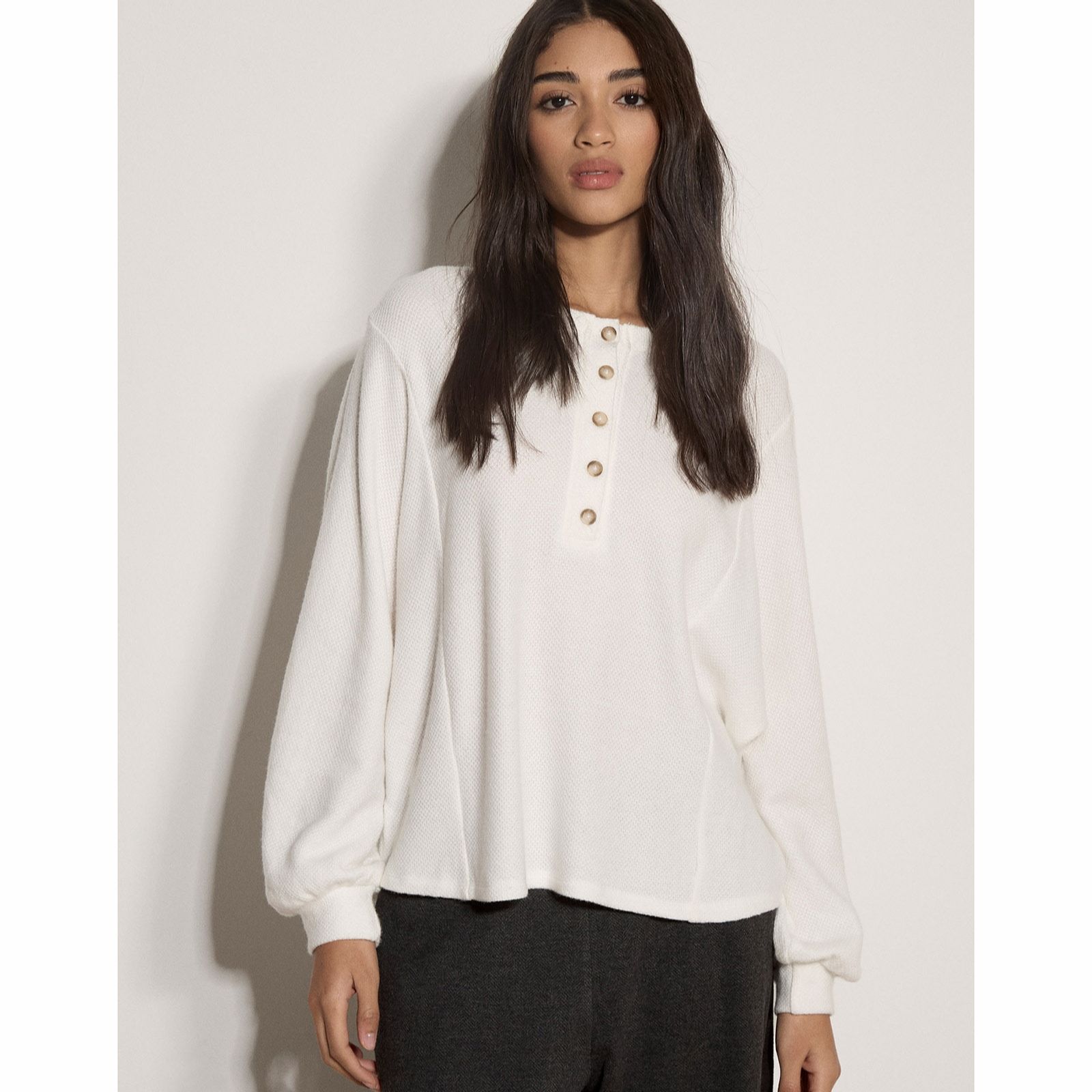 Apricot Button Front Blouson Sleeve Soft Top