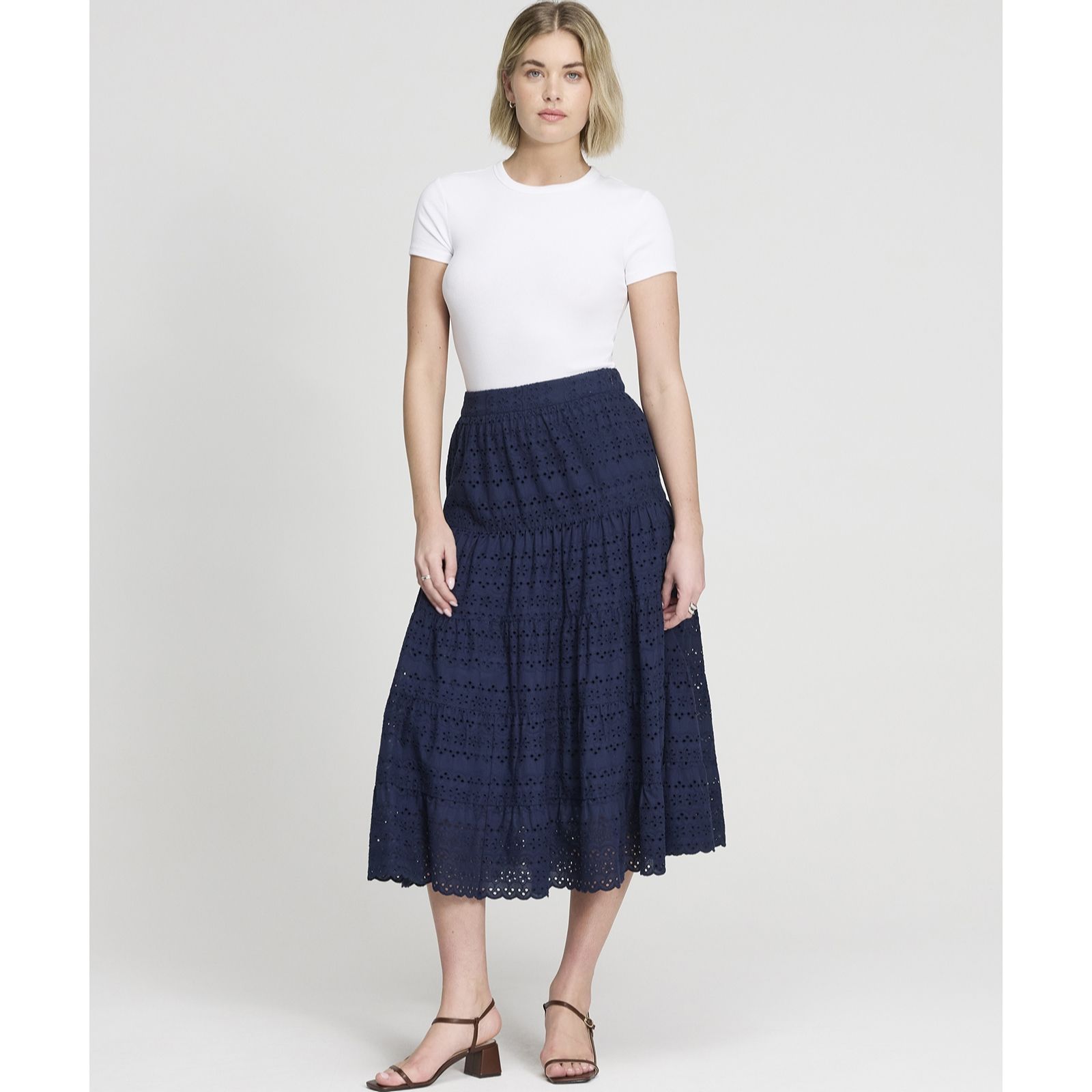 Finery London Siobhan 100% Cotton Broderie Tiered Midi Skirt