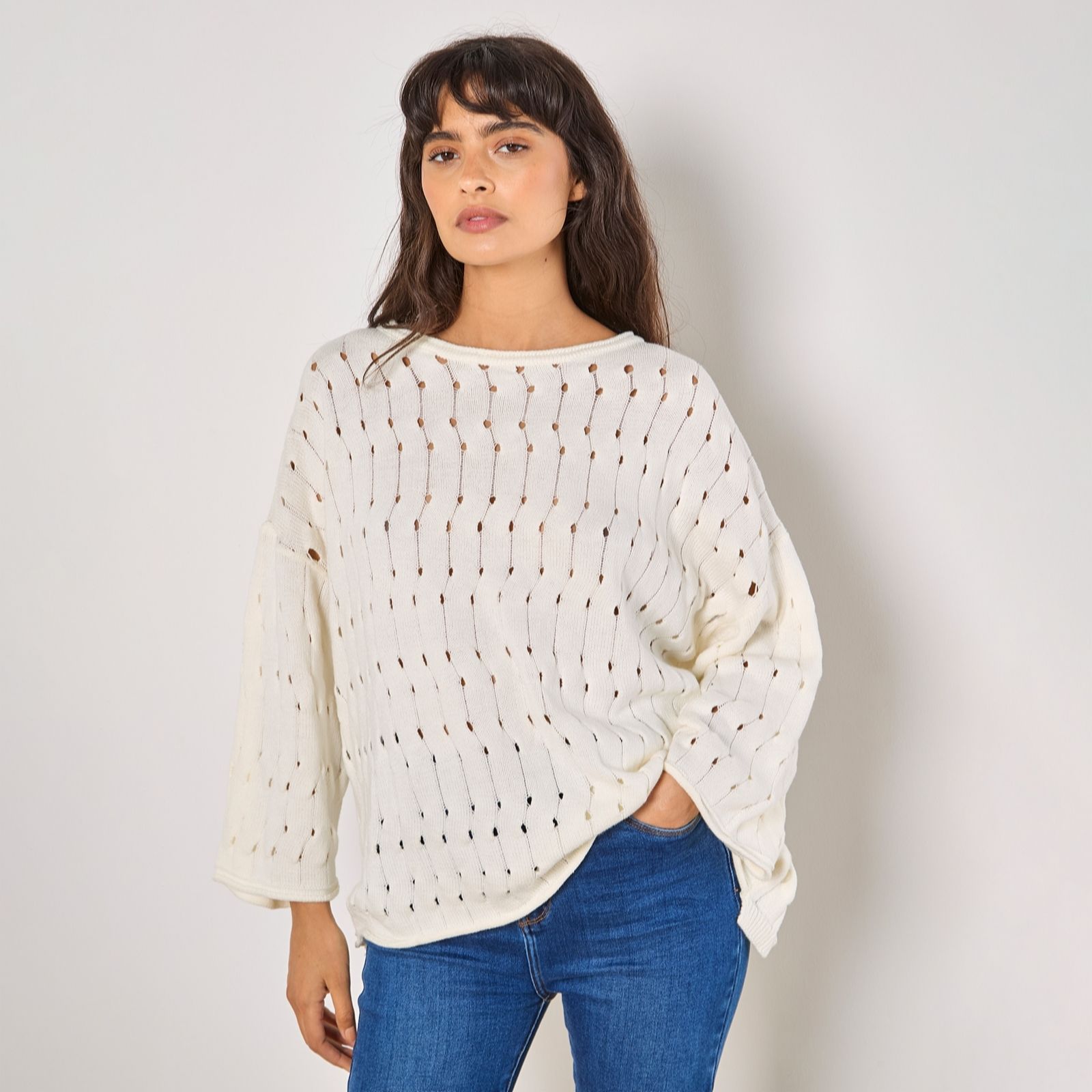 Apricot Pointelle Drop Shoulder Bell Sleeve Jumper