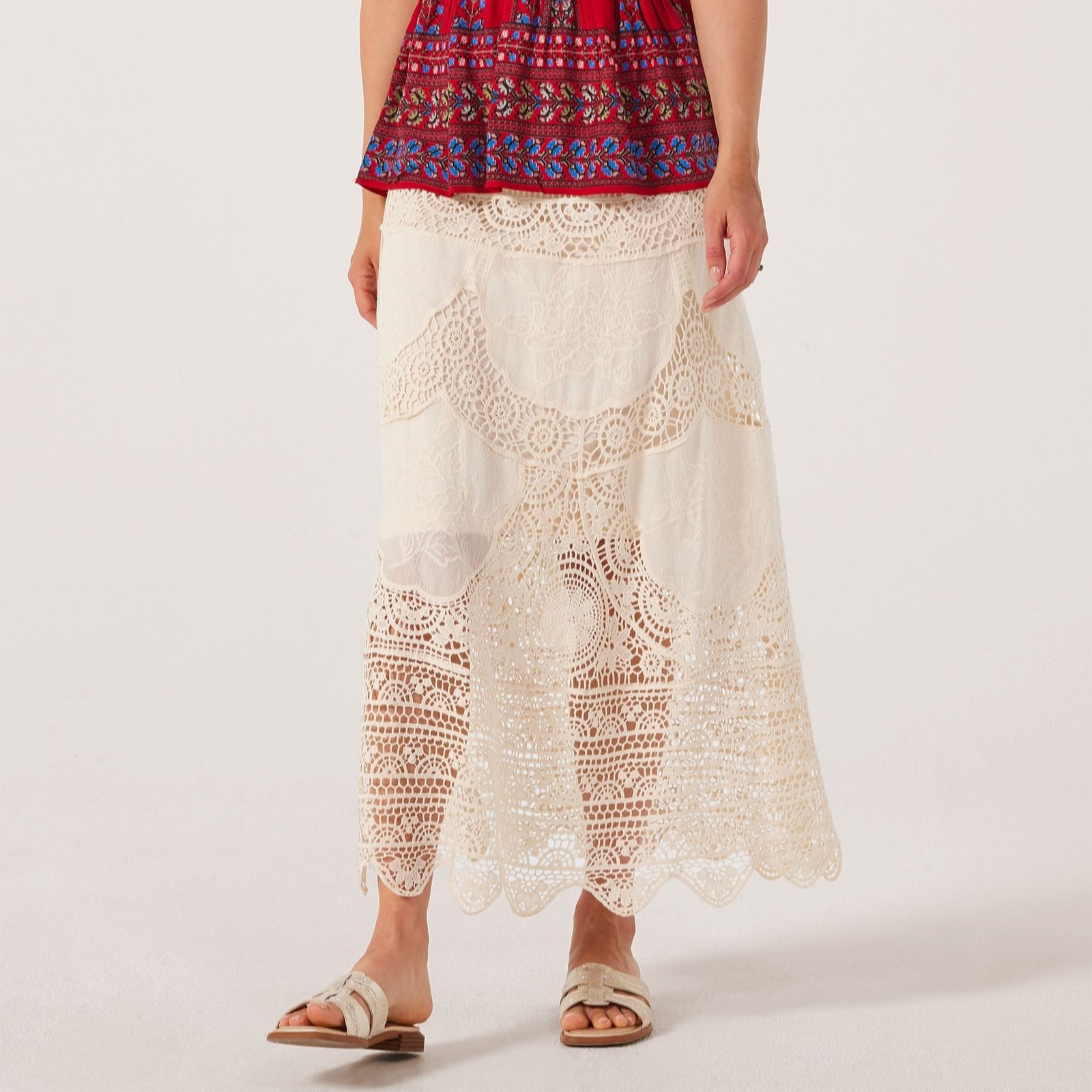 Izabel London Cotton Layered Crochet Maxi Skirt