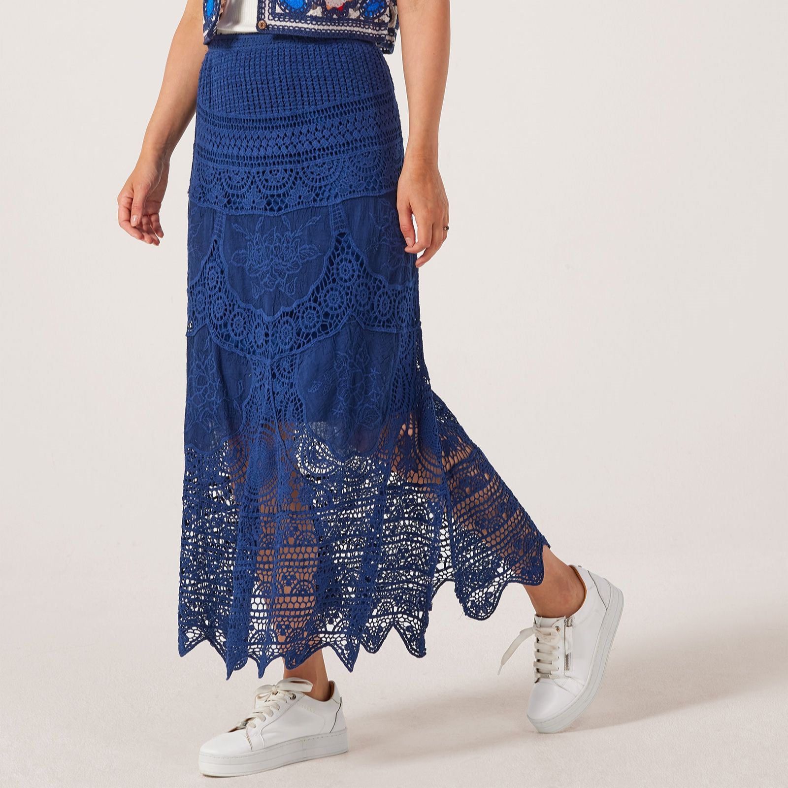 Izabel London Cotton Layered Crochet Maxi Skirt
