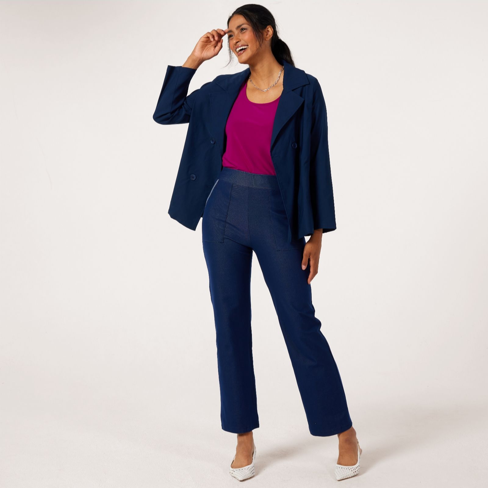 Kim & Co Deluxe Denim Knit Contrast Detail Straight Leg Standard Trousers