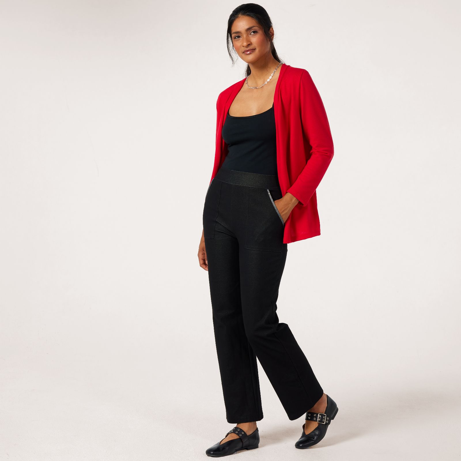 Kim & Co Deluxe Denim Knit Contrast Detail Straight Leg Standard Trousers