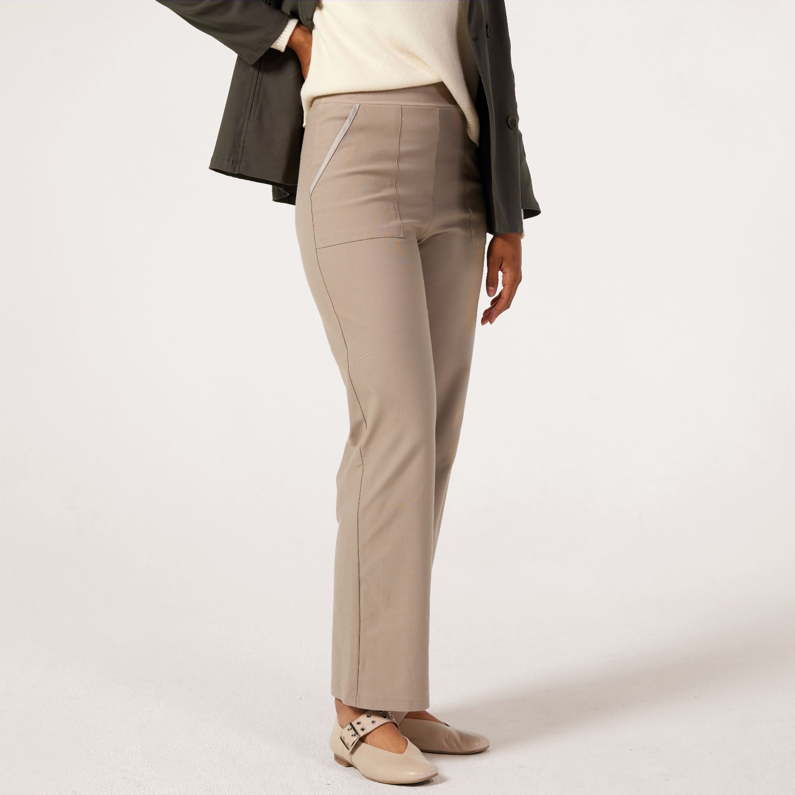 Kim & Co Deluxe Denim Knit Contrast Detail Straight Leg Standard Trousers