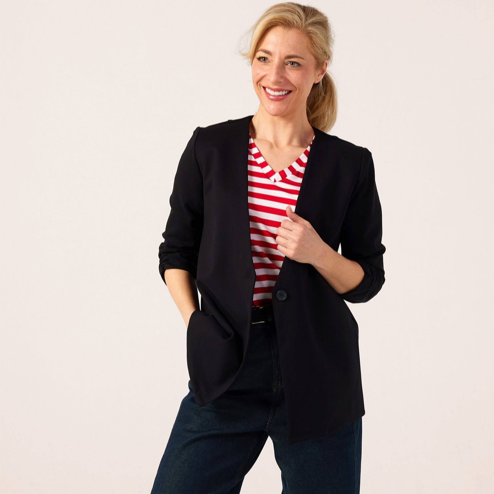 Kim & Co Stretch Ponte Jersey Ruched Sleeve Blazer