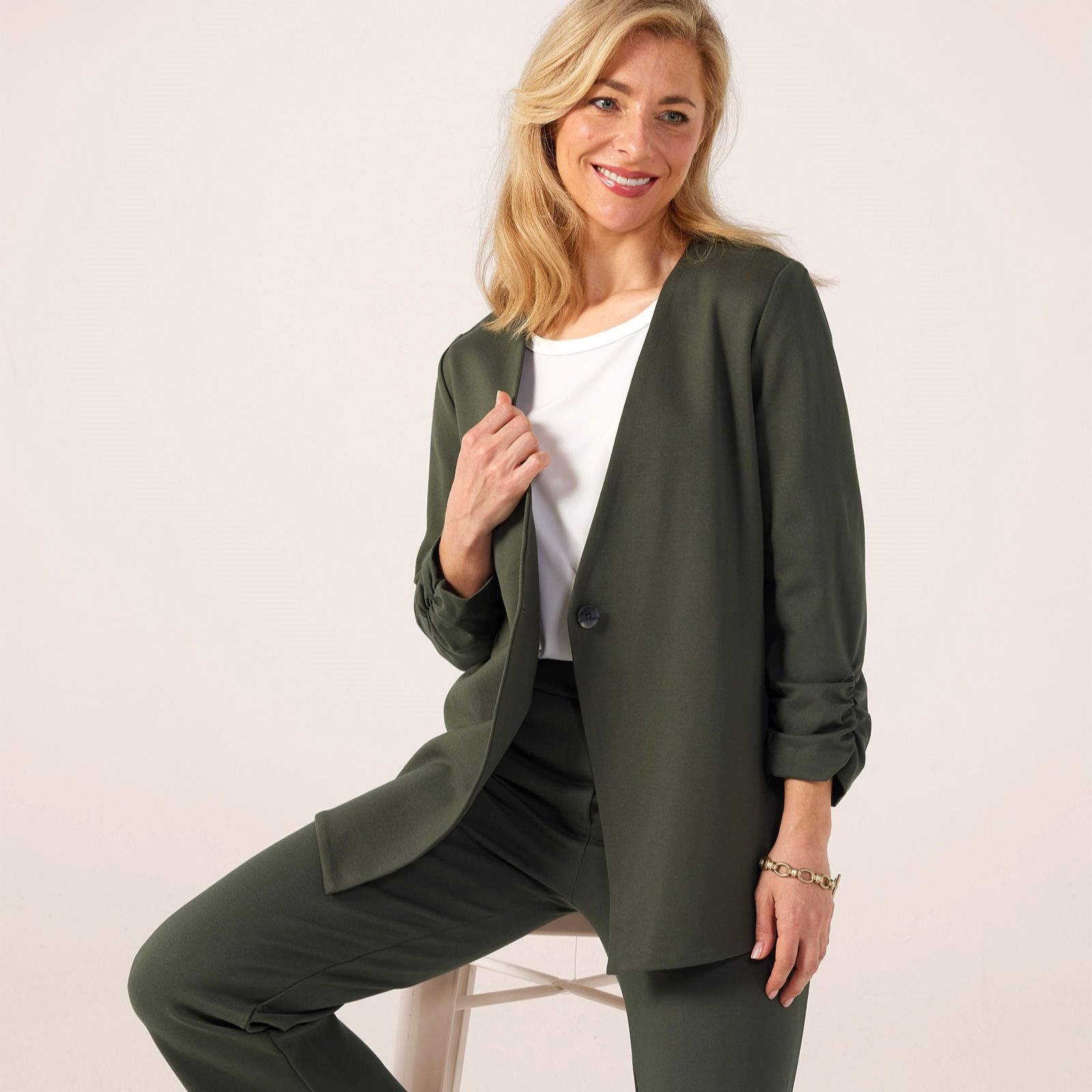Kim & Co Stretch Ponte Jersey Ruched Sleeve Blazer