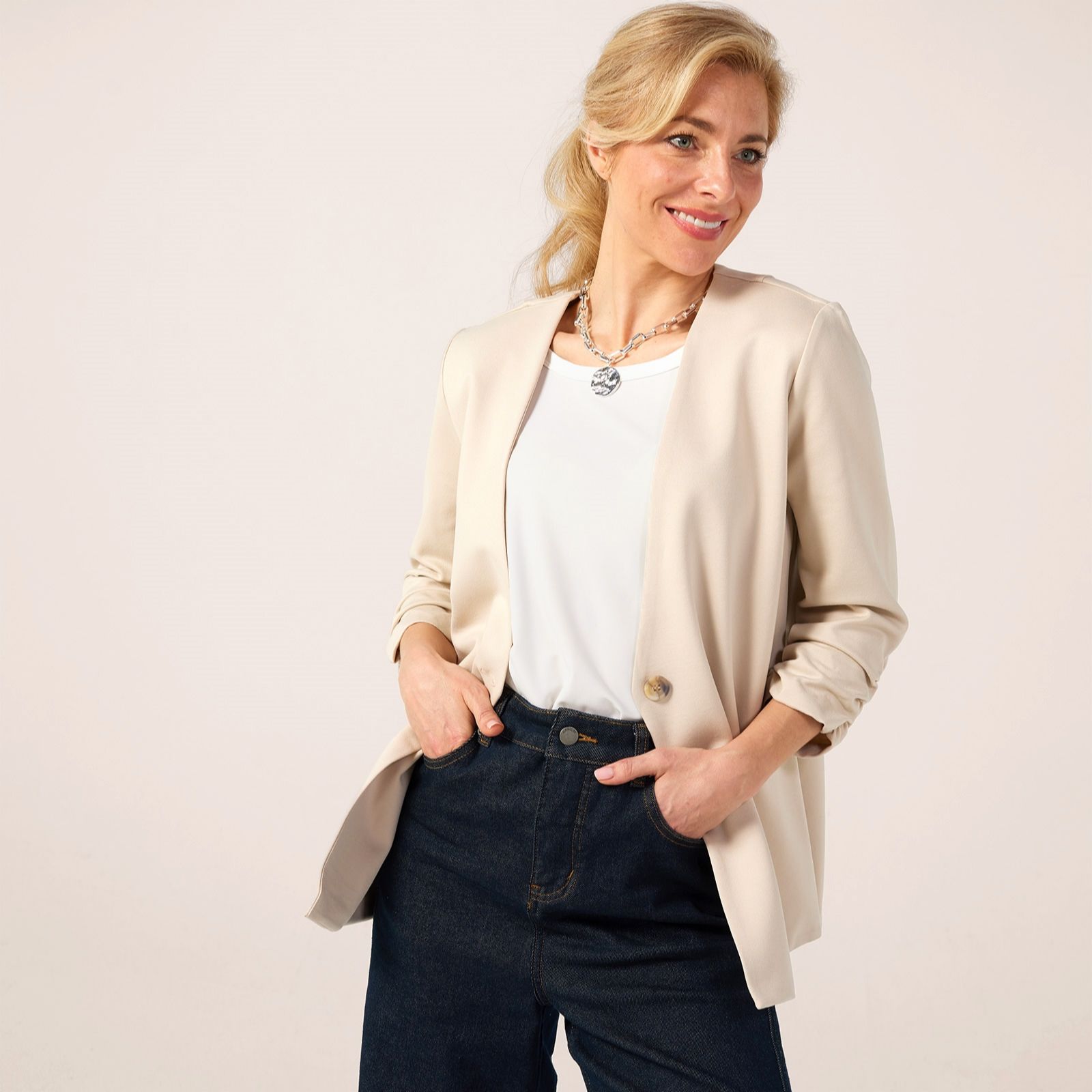 Kim & Co Stretch Ponte Jersey Ruched Sleeve Blazer