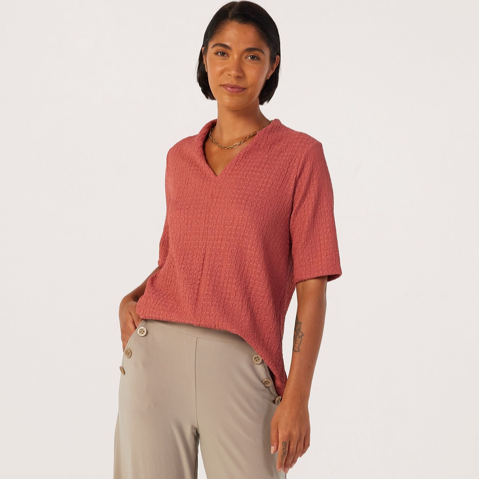 Kim & Co Mini Pop Knit V-Neck Elbow Sleeve Top