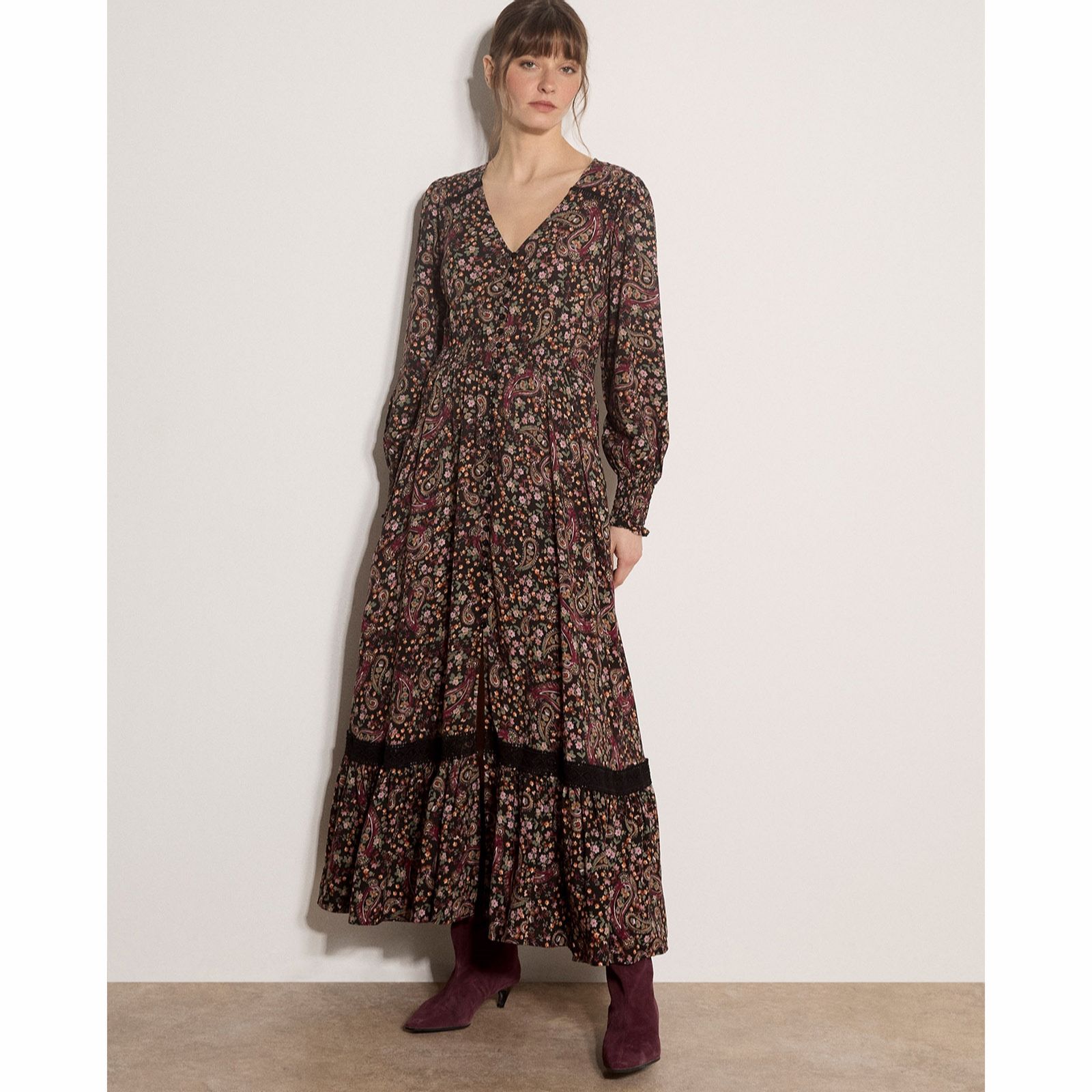 Apricot Painterly Paisley Crochet Insert Maxi Dress