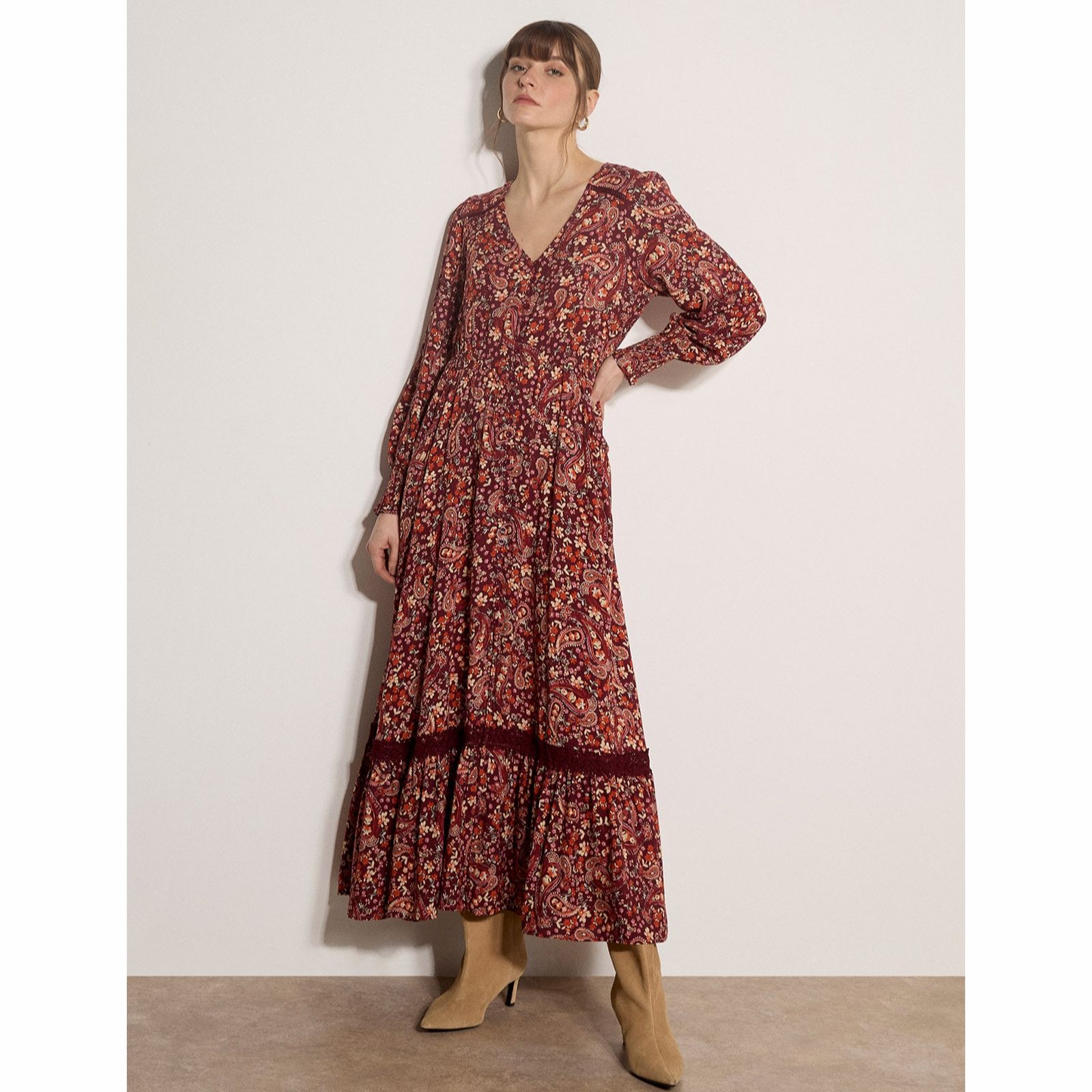 Apricot Painterly Paisley Crochet Insert Maxi Dress