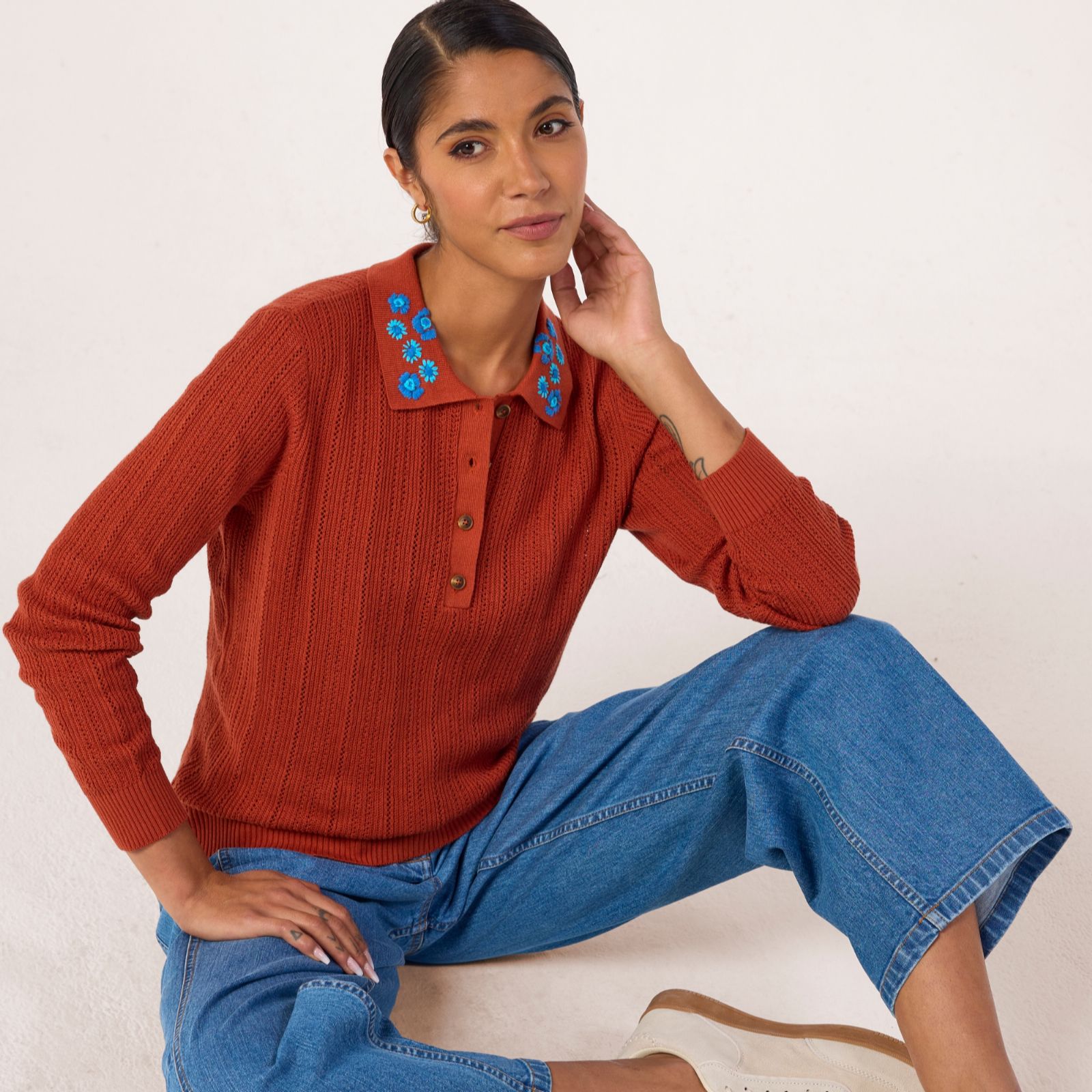 Ben de Lisi Floral Embroidered Knitted Polo